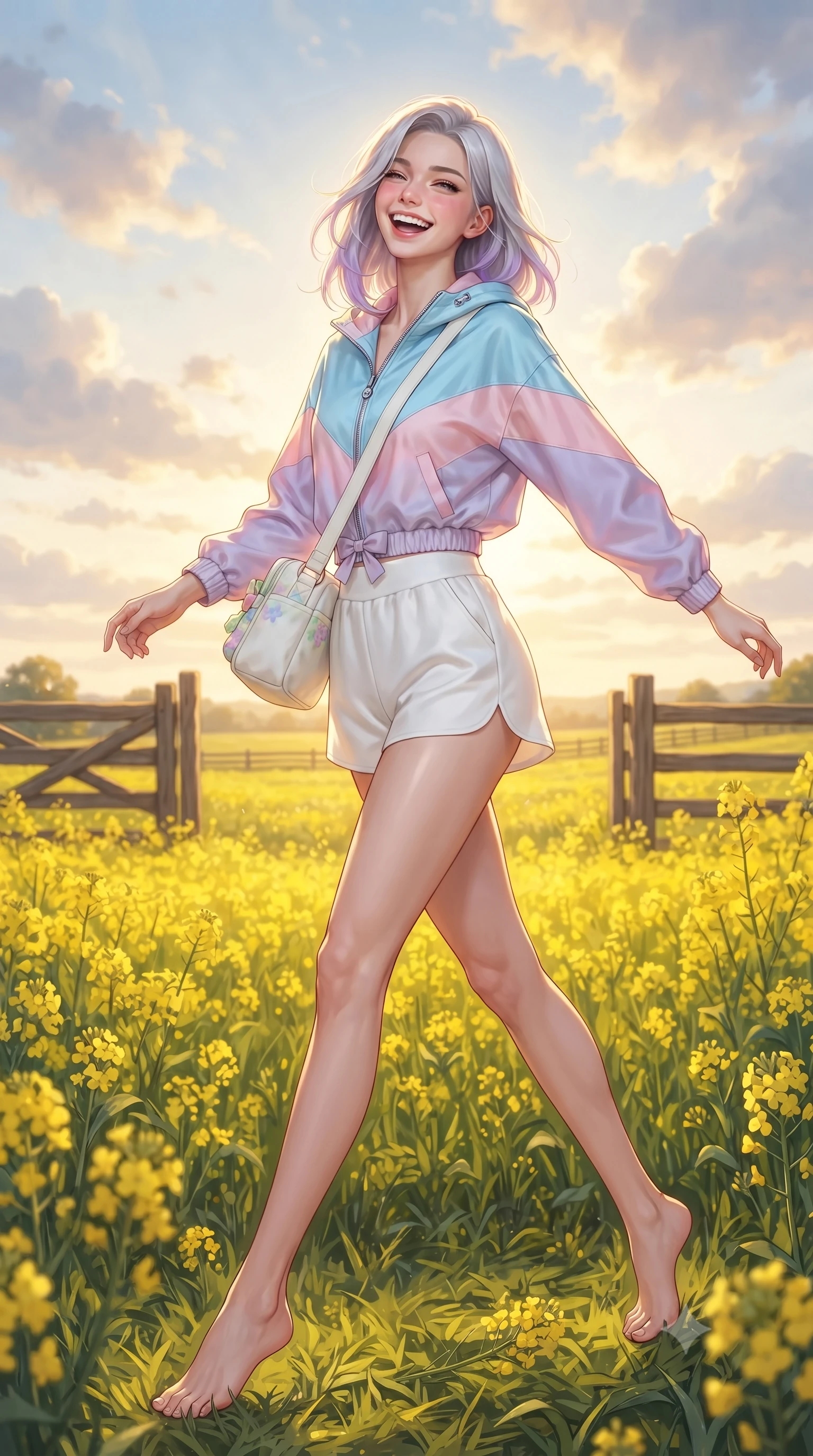 score_9, masterpiece, best quality, ultra-detailed, high-budget anime keyframe, editorial fashion photography, tasteful artistic composition, Caucasian woman. low angle full-body shot from head to toe showing her feet, filling the entire 9:16 vertical frame with her statuesque presence, stretching her vertical silhouette. performing a cheerful mid-motion turn with effortless poise, her skirt fluttering softly as she smiles into the camera while turning back with a playful, joyful laugh as the setting sun creates a golden halo around her lovely silhouette. The surrounding environment is rendered in vivid detail and crisp panoramic clarity. vibrant yellow canola blossoms, rustic farm fences, and glowing evening clouds in high clarity. She has an absolutely perfect, statuesque 8.5-heads proportion, an exceptionally tall and slender model-like female figure with impossibly long slender legs, a toned flat midriff, and an ultra-slim waist. sharp v-shaped jawline, high-bridge nose, intricate jewel-like eyes with depth, thick eyelashes, glossy lips with a natural sheen, pure and lovely fresh girlhood expression, flawlessly proportioned anatomical accuracy, strict slender model proportions, natural body alignment, perfectly sculpted long slender limbs, ultra-slim waistline, clean dynamic posture without body distortion. wearing a cute sporty pastel windbreaker paired with high-waisted active shorts and a canvas crossbody bag in fresh alpine white with subtle pastel floral accents, crafted from smooth fluid silk satin with a natural gentle sheen, accented with a dainty ribbon bow at the waistline, the soft airy drape swaying gracefully with her dynamic movements, emphasizing her tall willowy build and slim waistline. surrounded by a heartwarming, radiant, and delightfully sunny countryside princess aura. ultra-reflective glossy finish, specular highlights, rich natural textures, high-contrast stereoscopic depth, volumetric dynamic lighting, 2k, ultra detail, master piece, 9:16 ratio