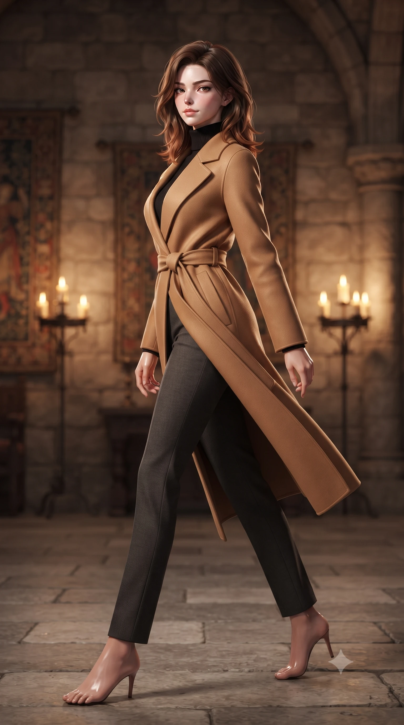 score_9, masterpiece, best quality, ultra-detailed, high-budget anime keyframe, editorial fashion photography, tasteful artistic composition, Korean woman woman. low angle full-body shot from head to toe showing her feet, filling the entire 9:16 vertical frame with her statuesque presence, stretching her vertical silhouette. stepping gracefully while looking back over her shoulder, her dress draped tightly to reveal her silhouette the background shows a soft-focus an old stone castle chamber with tapestries and candle stands. She has an absolutely perfect, statuesque 8.5-heads proportion, an exceptionally tall and slender model-like female figure with impossibly long slender legs and an ultra-slim waist. sharp v-shaped jawline, high-bridge nose, intricate jewel-like eyes with depth, thick eyelashes, glossy lips with a natural sheen. wearing a body-hugging warm camel-colored wrap coat over a black turtleneck sweater and charcoal slacks. warm flickering candle lights casting dramatic shadows on the stone walls. ultra-reflective glossy finish, specular highlights, metallic sheen, high-contrast stereoscopic depth, volumetric dynamic lighting, 2k, ultra detail, master piece, 9:16 ratio