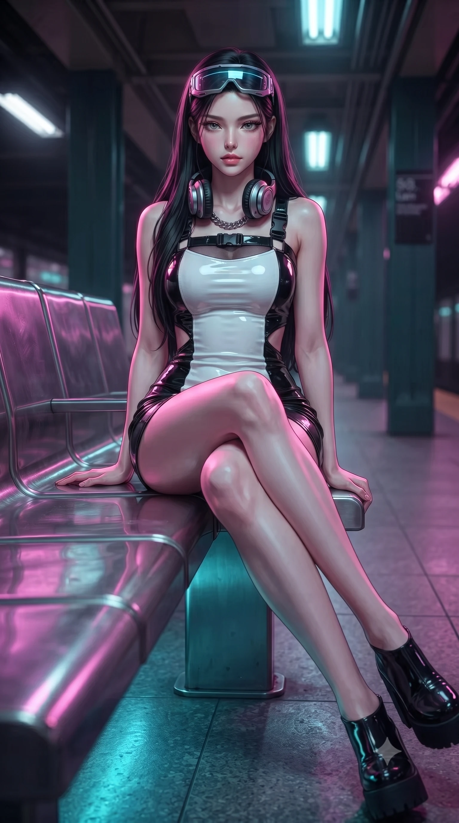 score_9, masterpiece, best quality, ultra-detailed, high-budget anime keyframe, editorial fashion photography, tasteful artistic composition, Korean woman. low angle full-body shot from head to toe showing her feet, filling the entire 9:16 vertical frame with her statuesque presence, stretching her vertical silhouette. standing poised with one hip cocked in an alluring high-fashion pose, her tall 8.5-heads proportions dominating the scene while sitting casually on a stainless steel station bench with legs crossed, headphones around her neck, looking directly into the lens. The composition keeps background elements in soft focus with creamy bokeh. subway platform columns and flickering fluorescent ceiling fixtures softened in moody shallow focus. She has an absolutely perfect, statuesque 8.5-heads proportion, an exceptionally tall and slender model-like female figure with impossibly long slender legs, a toned flat midriff, and an ultra-slim waist. sharp v-shaped jawline, high-bridge nose, intricate jewel-like eyes with depth, thick eyelashes, glossy lips with a natural sheen, captivating and magnetic expression, flawlessly proportioned anatomical accuracy, strict slender model proportions, natural body alignment, perfectly sculpted long slender limbs, ultra-slim waistline, clean dynamic posture without body distortion. wearing a high-gloss vinyl mini dress accented with industrial buckle straps and side-waist cutouts in high-contrast monochrome white and glossy black, made of stretchy ribbed athletic knit with sheer mesh cutout inserts, accessorized with a chunky silver chain necklace and cyber-visor goggles resting on her brow, the glove-like aerodynamic second-skin fit tightly clinging to her ultra-slender waist and athletic curves without adding bulk, accentuating her razor-sharp statuesque lines and slim hourglass silhouette. bathed in high-contrast dual lighting of neon pink floodlights and electric cyan underlights. ultra-reflective glossy finish, specular highlights, rich textural contrasts, high-contrast stereoscopic depth, volumetric dynamic lighting, 2k, ultra detail, master piece, 9:16 ratio