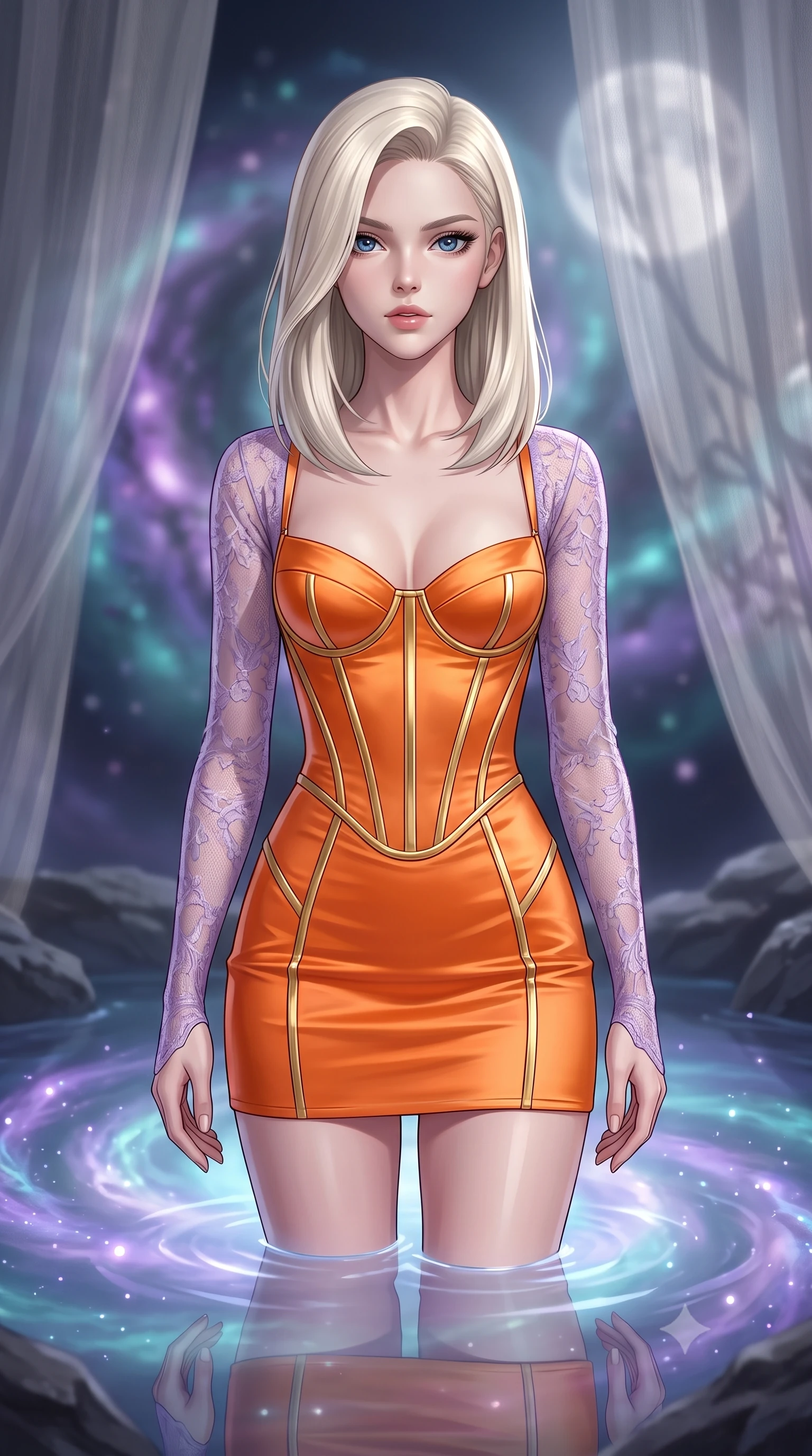 score_9, masterpiece, best quality, ultra-detailed, high-budget anime keyframe, editorial fashion photography, tasteful artistic composition, Caucasian woman, strictly human ears. close-up cowboy shot from the waist and thighs up, the character dominates the composition, filling the frame with her large presence, background elements kept in soft focus. Tilting her chin up slightly with lips parted in a composed expression. set against a soft-focus background of a natural rock pool at the very edge of a spiral galaxy where cosmic gases collect in swirling bioluminescent patterns of violet and teal galaxies reflected in the still luminous surface. She has an exceptionally elegant and slender, willowy female figure with an ultra-slim waist, a gracefully sculpted slender torso, and a refined slim physique. sharp v-shaped jawline, high-bridge nose, intricate jewel-like eyes with depth, thick eyelashes, glossy lips with a natural sheen. wearing a corset mini dress in bright tangerine satin, featuring visible gold bone structure and attached sheer lilac lace sleeves. cold silver moonlight filtered through translucent gossamer curtains casting delicate shadows. 2k, ultra detail, master piece, 9:16 ratio