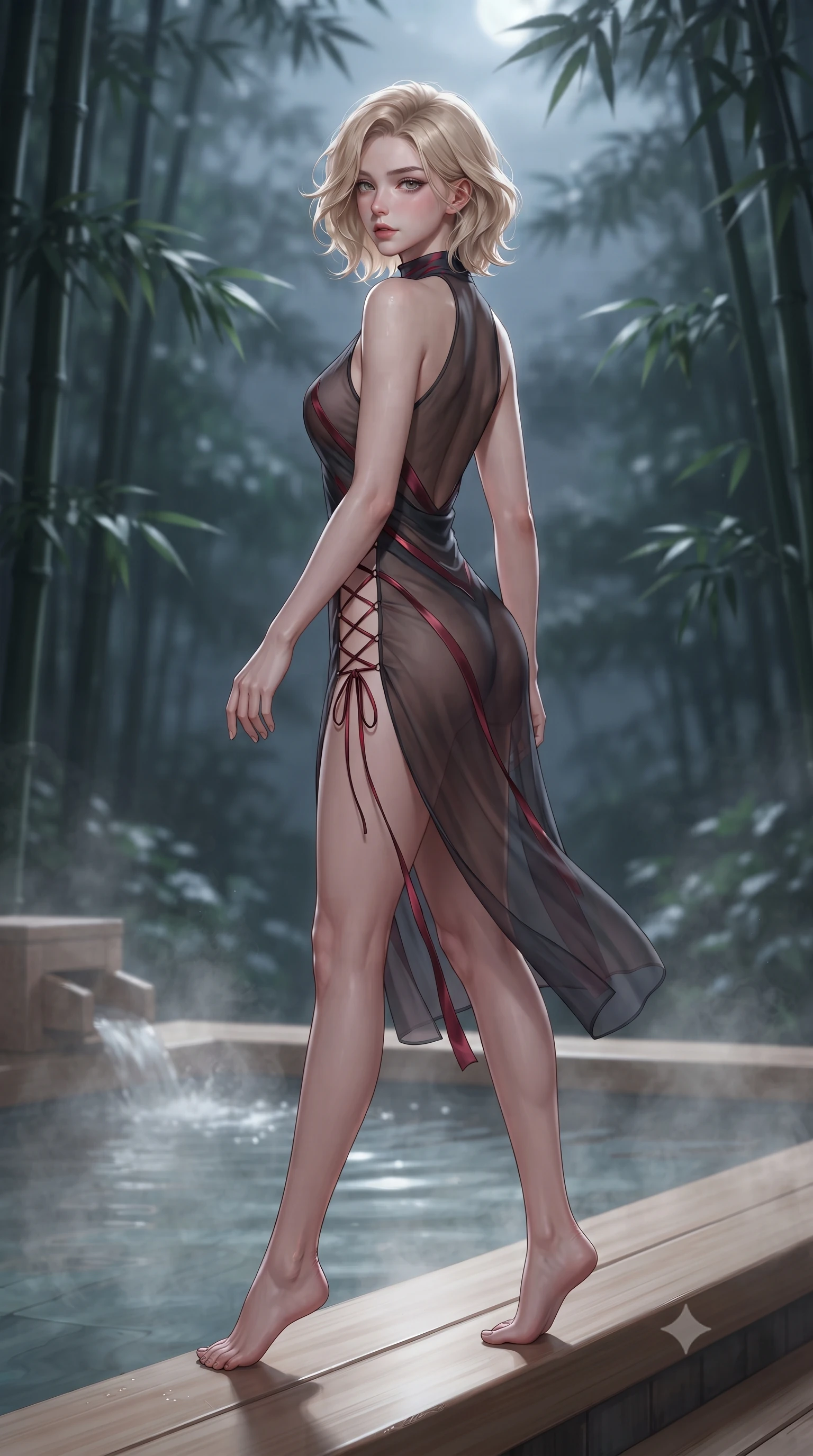 score_9, masterpiece, best quality, ultra-detailed, high-budget anime keyframe, editorial fashion photography, tasteful artistic composition, Caucasian woman. low angle full-body shot from head to toe showing her feet, filling the entire 9:16 vertical frame with her statuesque presence, stretching her vertical silhouette. walking along the terrace with poise, looking back over her bare shoulder with an irresistible smoldering bedroom-gaze while sitting on the aromatic Hinoki cedar rim of the steaming outdoor bath, arching her back with wet-look siren grace under the moon. The background shows a soft-focus dense black bamboo groves, swaying bamboo leaves, and misty midnight mountain air blurred into jade, charcoal, and silver bokeh. She has an absolutely perfect, statuesque 8.5-heads proportion, an exceptionally tall and slender model-like female figure with impossibly long slender legs, an ultra-slim waist, a flat toned midriff, narrow delicate ribcage, and beautifully sculpted feminine hips creating a graceful, slim hourglass silhouette without any bulky heaviness. sharp v-shaped jawline, high-bridge nose, sparkling eyes with hypnotic seductive depth, thick curled eyelashes, glossy parted lips with a natural dewy peach sheen, alluring bedroom-eyes with an enchanting coquettish smile, exuding magnetic siren charisma and sophisticated glamour, flawlessly proportioned anatomical accuracy, strict slender model proportions, natural body alignment, perfectly sculpted long slender limbs, ultra-slim waistline, clean dynamic posture without body distortion. wearing a provocative high-neck sheer illusion cocktail dress with liquid satin ribbons contouring her curves in rich cherry lacquer and smoky charcoal, made of sheer gossamer chiffon that drapes softly against skin with airy translucence, featuring fine criss-cross lace-up side ties revealing tantalizing glimpses of her hip curve, the form-contouring silhouette accentuating her sculpted flat midriff, narrow delicate ribcage, and gracefully curvy hips with intoxicating allure. illuminated by hot water steam scatter and sharp silvery rim lights sculpting her jawline, narrow waist, and voluptuous hip curves. ultra-reflective glossy finish, specular highlights, rich textural contrasts, high-contrast stereoscopic depth, volumetric dynamic lighting, 2k, ultra detail, master piece, 9:16 ratio