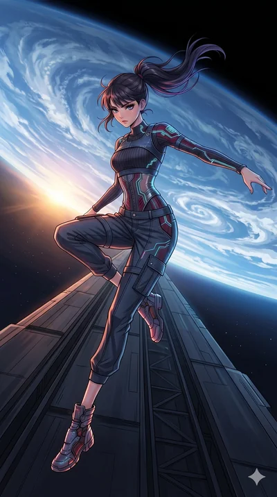 score_9, masterpiece, best quality, ultra-detailed, high-budget anime movie keyframe, cinematic anime lighting, intricate line art, Korean woman. Mid-air action shot capturing a graceful twist and vertical silhouette. leaping from a space elevator in