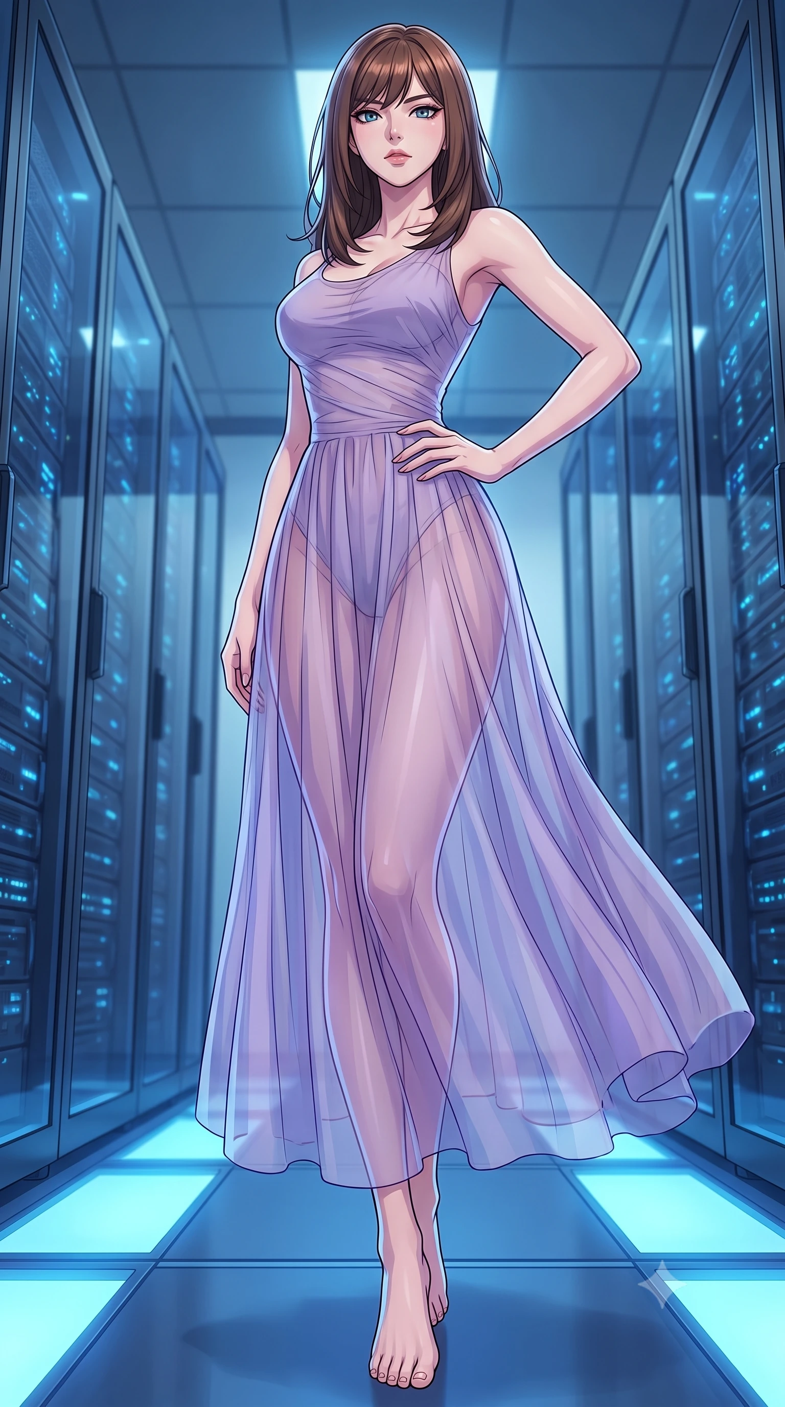 score_9, masterpiece, best quality, ultra-detailed, high-budget anime keyframe, tasteful artistic composition, Korean woman. low angle full-body shot from head to toe showing her feet, filling the entire 9:16 vertical frame with her statuesque presence, stretching her vertical silhouette. posing confidently with one hand on her hip, stretching her statuesque body to emphasize her curves the background shows a soft-focus a secret database archives room with pulsing blue floor lights and glass servers. She has an absolutely perfect, statuesque 8.5-heads proportion, an exceptionally tall and slender model-like female figure with impossibly long slender legs and an ultra-slim waist. sharp v-shaped jawline, high-bridge nose, intricate jewel-like eyes with depth, thick eyelashes, glossy lips with a natural sheen. wearing a slim-fit semi-transparent chiffon maxi dress in lavender, showing her silhouette through the sheer fabric. soft blue uplighting reflecting off her polished silhouette. highly saturated vibrant anime colors, cel-shading, 2d style, master piece, 9:16 ratio