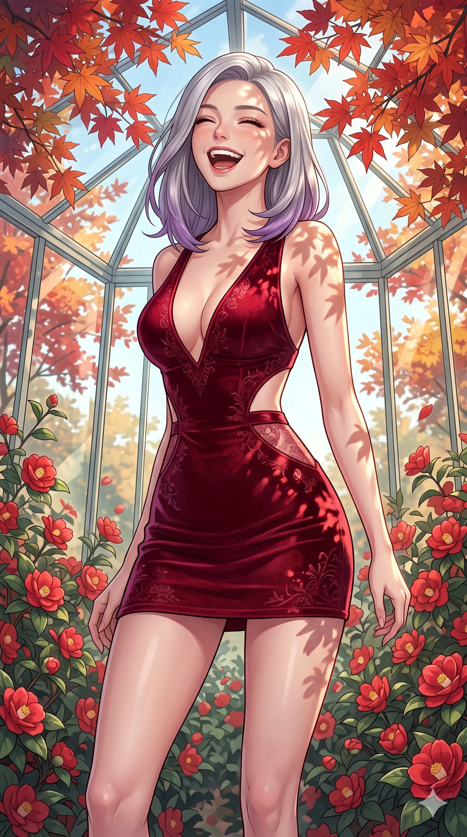 score_9, masterpiece, best quality, ultra-detailed, high-budget anime keyframe, vibrant anime aesthetic, Caucasian woman, strictly human ears. cowboy shot from the thighs up, character and outfit filling the frame for maximum presence. She is tossing her head back with a joyful laugh, her lips curved into a warm winter smile inside a glass atrium filled with red camellias (Code-P21-085). She has an absolutely perfect 8-heads proportion, an exceptionally tall and slender female figure with impossibly long slender legs and an ultra-slim waist. V-shaped jawline, high-bridge nose, intricate jewel-like eyes with depth, thick eyelashes, glossy lips with a natural sheen. wearing a plunging neckline mini dress with side cutouts in winter velvet. She is bathed in dappled sunlight filtering through autumn maples, creating organic shadows. 2k, ultra detail, master piece, 9:16 ratio
