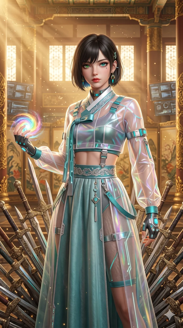 첨부의 캐릭터 얼굴만 유지해, score_9, masterpiece, best quality, ultra-detailed, Set B: Semi-realistic 3D Game Render, Caucasian woman (strictly human ears). Upper body close-up from the thighs up, character filling the screen for maximum presence. Standing on a throne of swords in a grand hall. She has an absolutely perfect 8-heads proportion, an exceptionally tall and slender female figure with an slender waist and commanding presence. Sharp v-shaped jawline, high-bridge nose, intricate jewel-like eyes with depth, thick eyelashes, glossy lips. Wearing a Modern Traditional outfit: tech-hanbok with transparent panels and metallic straps. Background is a bright and colorful palace interior with golden light rays and floating dust particles. 2k, ultra detail, master piece, 9:16 ratio