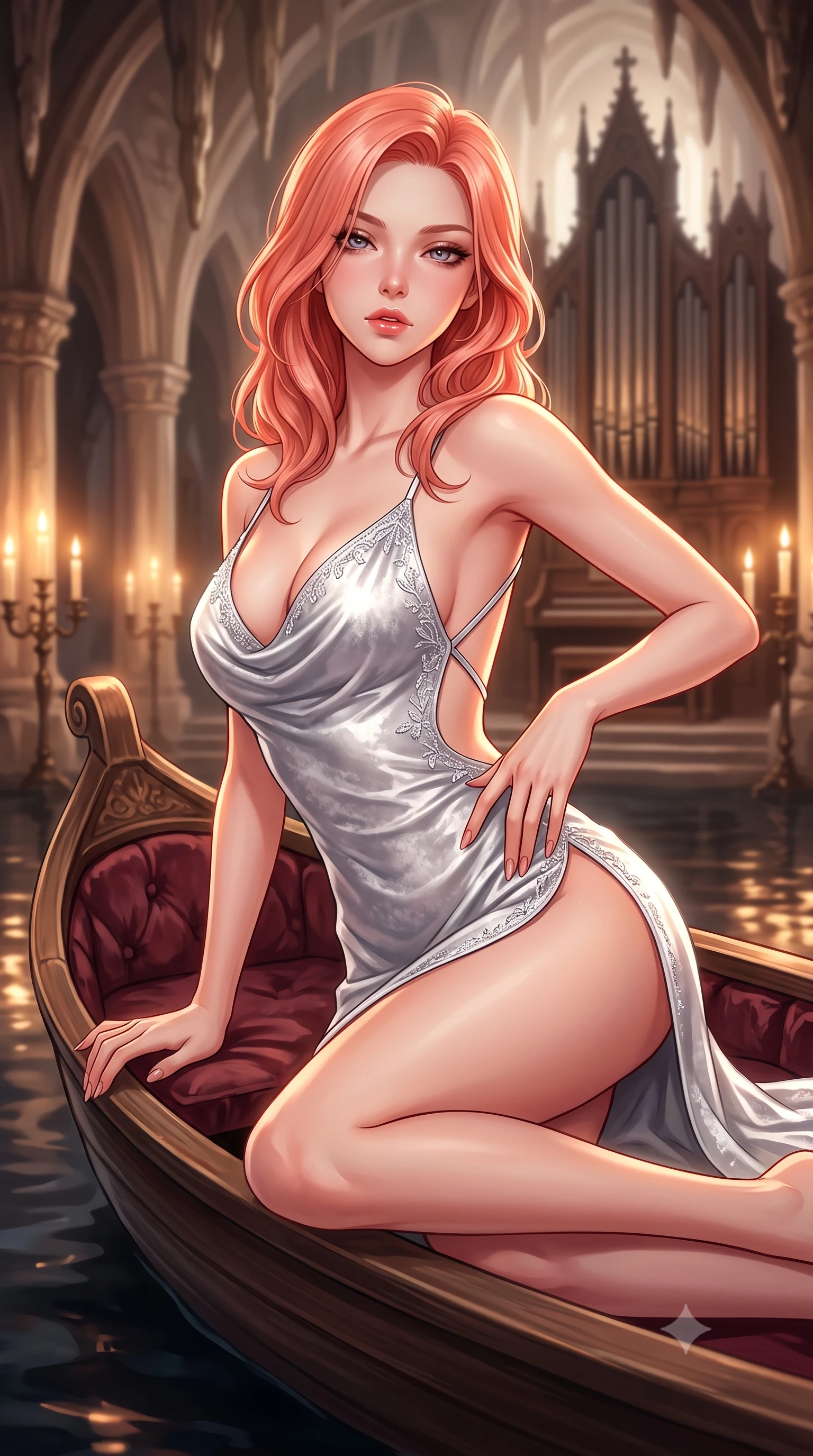 score_9, masterpiece, best quality, ultra-detailed, high-budget anime keyframe, semi-realistic 3D game render, editorial fashion photography, tasteful artistic composition, Japanese woman. close-up cowboy shot from the waist and thighs up, the character dominates the composition, filling the frame with her large presence. resting one manicured hand delicately on her hip bone, her upper body turning in a fluid, seductive S-curve while parted lips glisten in the light while reclining languidly on an antique velvet-lined skiff floating on the subterranean black lake, arching her spine with one knee bent as candlelight traces her curvy hips. The composition keeps background elements in soft focus with creamy bokeh. towering limestone stalactite arches and gothic pipe organ silhouettes softened in atmospheric shallow focus. She has an exceptionally elegant, slender, and willowy female figure with an ultra-slim waist, flat toned midriff, narrow ribcage, and sculpted feminine hips creating an alluring, slim hourglass silhouette without bulk. sharp v-shaped jawline, high-bridge nose, intricate jewel-like eyes with depth, thick eyelashes, glossy parted lips with a natural sheen, intensely captivating and seductive bedroom-eyes expression, flawlessly proportioned anatomical accuracy, strict slender model proportions, natural body alignment, perfectly sculpted long slender limbs, ultra-slim waistline, clean dynamic posture without body distortion. wearing a backless cowl-neck satin slip dress featuring high-cut side hip slits and delicate criss-cross back straps in liquid starlight silver and arctic glacier white, crafted from heavyweight crushed silk velvet with liquid vintage luster, finished with delicate crystal frost embroidery tracing the plunging neckline, the precision-cut side openings and low-back scoop framing her graceful spine and the sensual sweep of her slim, toned hips. bathed in warm golden candelabra flicker from all sides and soft subterranean lake water reflections. highly saturated vibrant anime colors, detailed shading with soft gradients, rich glossy textures, high-contrast stereoscopic depth, volumetric dynamic lighting, master piece, 9:16 ratio