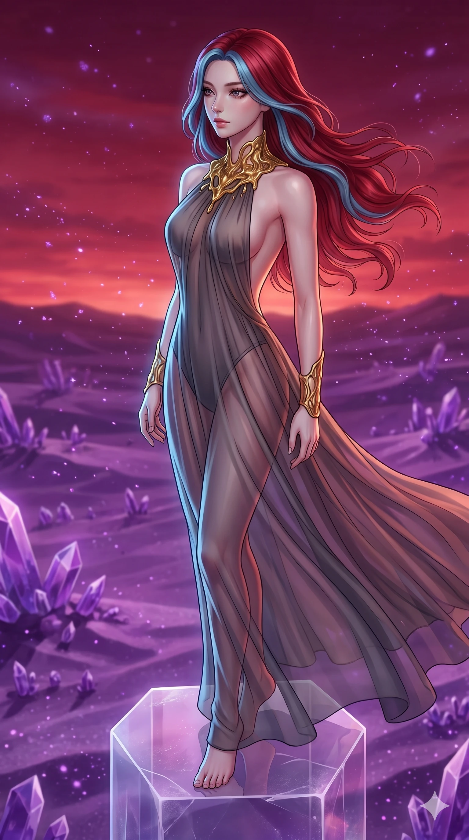score_9, masterpiece, best quality, ultra-detailed, high-budget anime keyframe, Korean woman. upper body close-up from the thighs up, character filling the screen for maximum presence. standing atop a transparent salt crystal tower in a purple crystalline desert as winds blow shimmering purple dust under a crimson sunset. She has an absolutely perfect 8-heads proportion, an exceptionally tall and slender female figure with impossibly long slender legs and an ultra-slim waist. V-shaped jawline, high-bridge nose, intricate jewel-like eyes with depth, thick eyelashes, glossy lips with a natural sheen.. wearing a molten gold and chiffon gown, featuring organic liquid gold collar and cuffs on a translucent charcoal-gray halter neck chiffon gown with a deep backless design. lit by a soft glowing ambient light and a sharp side key light that traces the sleek contours of her athletic build. 2k, ultra detail, master piece, 9:16 ratio