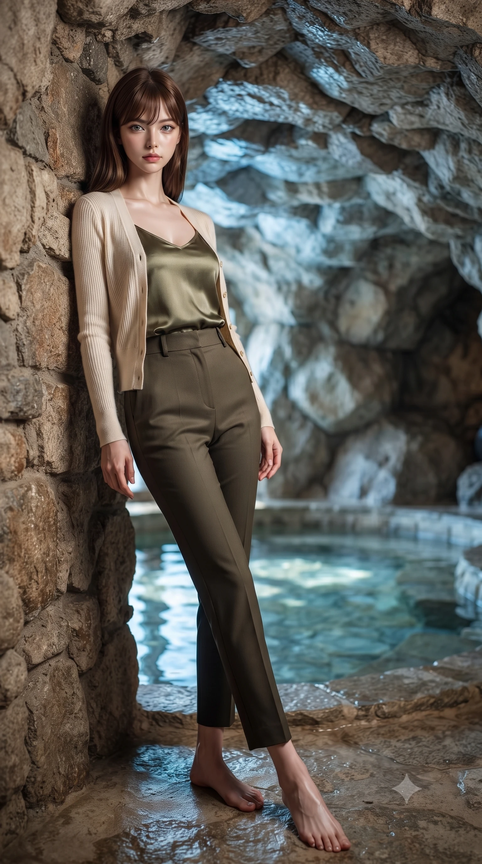 score_9, masterpiece, best quality, ultra-detailed, high-budget anime keyframe, editorial fashion photography, tasteful artistic composition, Korean woman woman. low angle full-body shot from head to toe showing her feet, filling the entire 9:16 vertical frame with her statuesque presence, stretching her vertical silhouette. leaning back against a rustic stone wall, casting a slow, alluring gaze at the camera the background shows a soft-focus a private stone bath pool built inside a natural rock cave with clear mineral water. She has an absolutely perfect, statuesque 8.5-heads proportion, an exceptionally tall and slender model-like female figure with impossibly long slender legs and an ultra-slim waist. sharp v-shaped jawline, high-bridge nose, intricate jewel-like eyes with depth, thick eyelashes, glossy lips with a natural sheen. wearing a form-contouring comfortable cream knit cardigan worn over an olive green silk camisole and tailored trousers. soft blue light reflecting from the pool water onto the rocky cave ceiling. ultra-reflective glossy finish, specular highlights, metallic sheen, high-contrast stereoscopic depth, volumetric dynamic lighting, 2k, ultra detail, master piece, 9:16 ratio