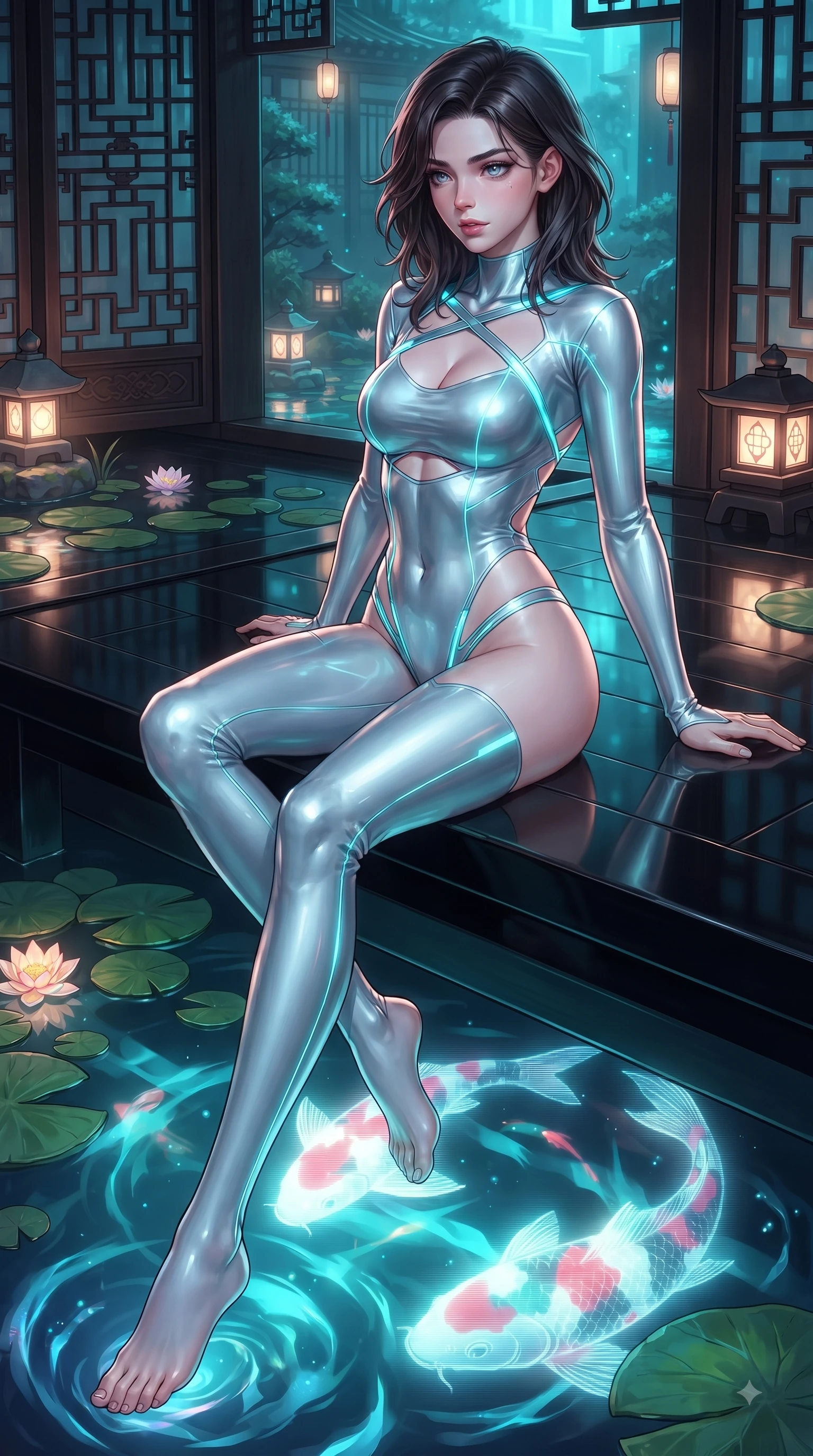 score_9, masterpiece, best quality, ultra-detailed, high-budget anime keyframe, editorial fashion photography, tasteful artistic composition, Korean woman. low angle full-body shot from head to toe showing her feet, filling the entire 9:16 vertical frame with her statuesque presence, stretching her vertical silhouette. pivoting dynamically in mid-motion with a breathtakingly alluring posture, displaying her flawless model proportions and ultra-slim waist while sitting on a polished black lacquer veranda overlooking a glowing holographic koi pond. The surrounding environment is rendered in vivid detail and crisp panoramic clarity. intricate wooden lattice patterns, floating water lily pads, and stone lanterns in crisp clarity. She has an absolutely perfect, statuesque 8.5-heads proportion, an exceptionally tall and slender model-like female figure with impossibly long slender legs and an ultra-slim waist. sharp v-shaped jawline, high-bridge nose, intricate jewel-like eyes with depth, thick eyelashes, glossy lips with a natural sheen, flawlessly proportioned anatomical accuracy, natural body alignment, perfectly sculpted elegant limbs, clean dynamic posture without body distortion. wearing a skin-tight cybernetic bodysuit with glowing neon seams, deep hip cutouts, and an aerodynamic athletic fit in liquid mercury silver and glowing electric cyan, formed from high-gloss patent material with specular light reflections, complemented by criss-cross back straps highlighting her completely bare spine, the daring cutouts accentuating her delicate midriff, graceful collarbones, and feminine contour. surrounded by an intimate, exotic, and captivatingly sensual oriental cyber atmosphere. ultra-reflective glossy finish, specular highlights, metallic sheen, high-contrast stereoscopic depth, volumetric dynamic lighting, 2k, ultra detail, master piece, 9:16 ratio