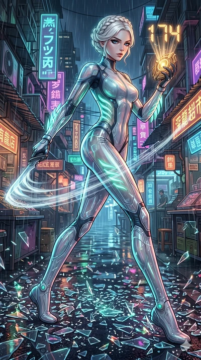 score_9, masterpiece, best quality, ultra-detailed, Set A: High-budget Anime Keyframe, Caucasian (strictly human ears) woman. Low angle cowboy shot filling the entire 9:16 frame with her statuesque presence. Drawing a blade through a futuristic night