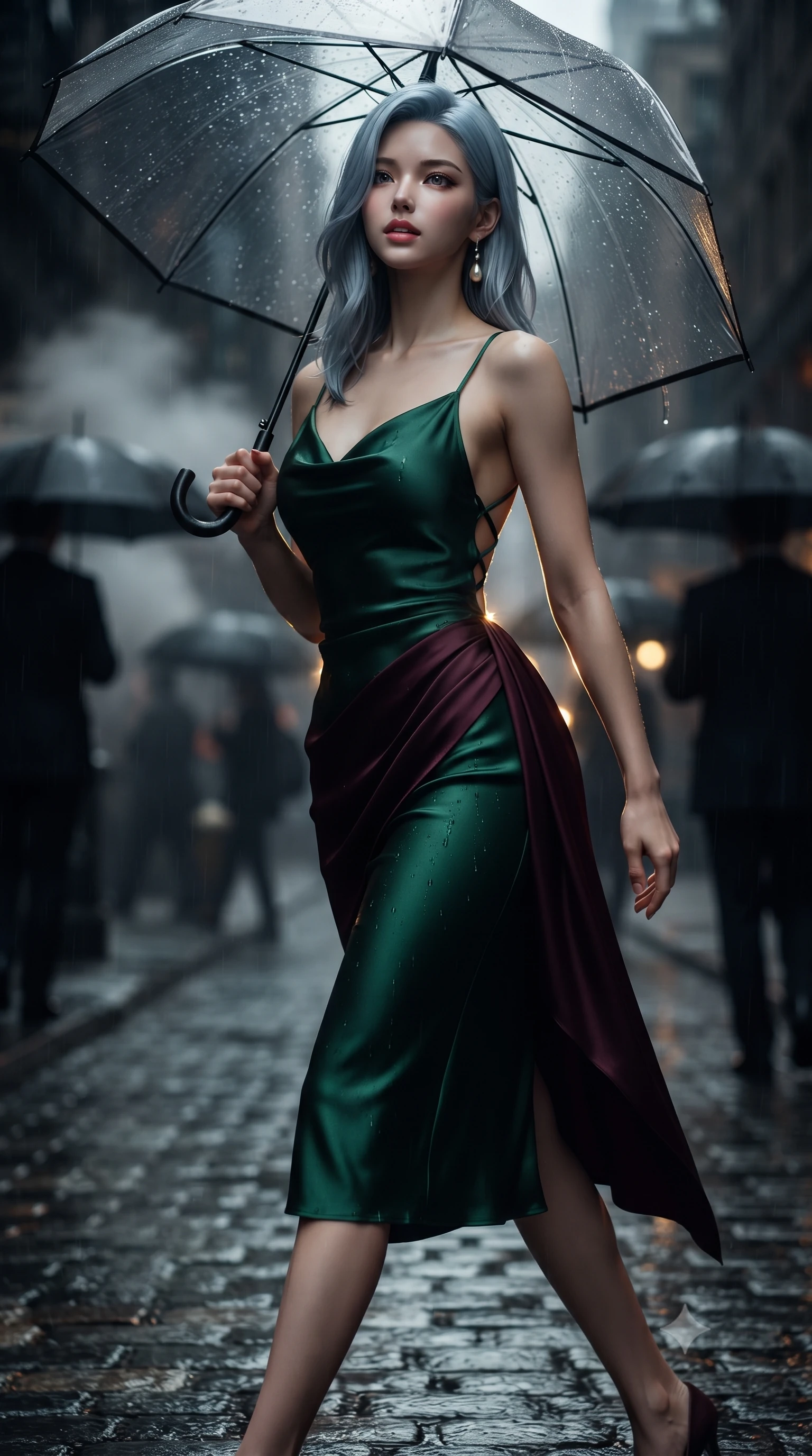 score_9, masterpiece, best quality, ultra-detailed, high-budget anime keyframe, editorial fashion photography, tasteful artistic composition, Korean woman. close-up cowboy shot from the waist and thighs up, the character dominates the composition, filling the frame with her large presence. tilting her chin up slightly with lips parted in a composed, sovereign expression, her body curving in an alluring S-line that accentuates her hip contour while striding down the wet cobblestone street beneath a transparent black vinyl umbrella, hips swaying in an alluring kinetic rhythm that accentuates her curvaceous hourglass silhouette. The composition keeps background elements in soft focus with dreamy creamy bokeh. steaming subway grates and passing umbrella silhouettes softened in cinematic noir shallow focus. She has an exceptionally elegant, slender, and willowy female figure with an ultra-slim waist, flat toned midriff, narrow ribcage, and sculpted feminine hips creating an alluring, slim hourglass silhouette without bulk. sharp v-shaped jawline, high-bridge nose, intricate jewel-like dark sparkling eyes with dangerous depth, thick curled eyelashes, glossy parted lips with a rich wine sheen, smoldering seductive half-smile with bedroom-eyes, exuding effortless superiority and intoxicating dark allure, flawlessly proportioned anatomical accuracy, strict slender model proportions, natural body alignment, perfectly sculpted long slender limbs, ultra-slim waistline, clean dynamic posture without body distortion. wearing a cowl-neck emerald green silk satin slip dress with criss-cross back straps and hip-accentuating drape in dark mulberry wine and antique champagne, tailored from fine lightweight midnight wool crepe with crisp architectural structure, accented with a single dangling baroque pearl earring reflecting the amber glow, the precision-cut side openings and low-back scoop framing her graceful spine and the sensual sweep of her slim, toned hips. illuminated by wet pavement mirror reflections and sharp golden street rim lights sharply carving her slim torso, narrow waist, and curvy hips. ultra-reflective glossy finish, specular highlights, rich textural contrasts, high-contrast stereoscopic depth, volumetric dynamic lighting, 2k, ultra detail, master piece, 9:16 ratio