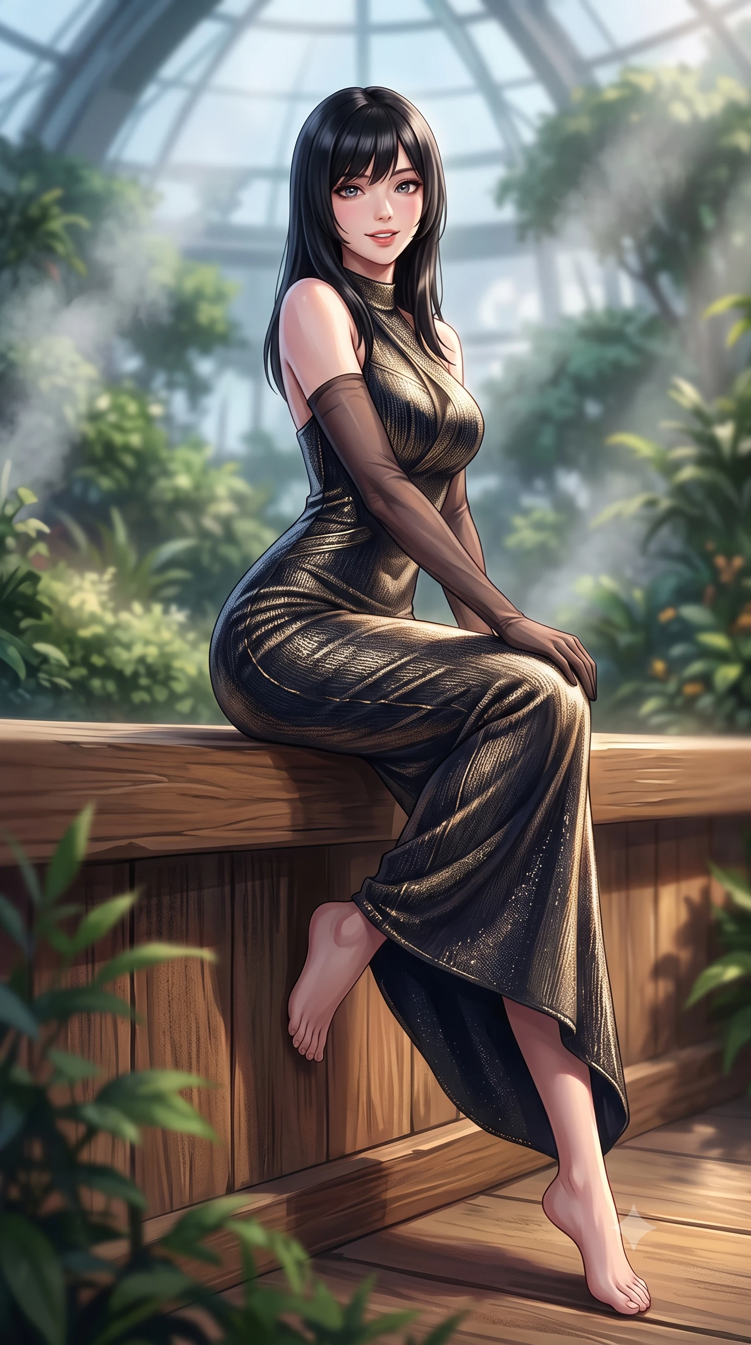 score_9, masterpiece, best quality, ultra-detailed, high-budget anime keyframe, semi-realistic 3D game render, editorial fashion photography, tasteful artistic composition, Caucasian woman. low angle full-body shot from head to toe showing her feet, filling the entire 9:16 vertical frame with her statuesque presence, stretching her vertical silhouette. stepping slowly toward the camera with hypnotic grace, hips swaying in an alluring sensual rhythm that accentuates her curvy hourglass silhouette and long slender legs while sitting gracefully on the elevated timber rest platform with one knee bent and legs extended, flashing an enchanting, parted-lip smile toward the lens. The background shows a soft-focus dense high-altitude mist plumes softened in futuristic bio-dome shallow focus. She has an exceptionally tall and slender model-like 8.5-heads proportion, an ultra-slim waist, a flat toned midriff, narrow delicate ribcage, and beautifully sculpted feminine hips creating a graceful, slim hourglass silhouette without any bulky heaviness, with impossibly long slender legs. sharp v-shaped jawline, high-bridge nose, intricate jewel-like sparkling eyes with depth, thick eyelashes, glossy parted lips with a natural peach sheen, bright cheerful beaming smile with an enchanting and coquettish sensual glint, exuding both youthful cute charm and seductive allure, flawlessly proportioned anatomical accuracy, strict slender model proportions, natural body alignment, perfectly sculpted long slender limbs, ultra-slim waistline, clean dynamic posture without body distortion. wearing a sculpted metallic lurex knit column dress clinging smoothly to her curves with radiant shimmer in deep midnight obsidian black and champagne gold, crafted from bespoke double-faced cashmere with an exceptionally soft tactile finish, complemented by sheer opera-length evening gloves tracing her slender arms, the impeccably tailored cut draping gracefully along her slender figure with aristocratic poise. bathed in the cool 5000K daylight-white mist illumination mixed with warm 2700K pathway architectural spot LEDs. highly saturated vibrant anime colors, detailed shading with soft gradients, rich glossy textures, high-contrast stereoscopic depth, volumetric dynamic lighting, master piece, 9:16 ratio