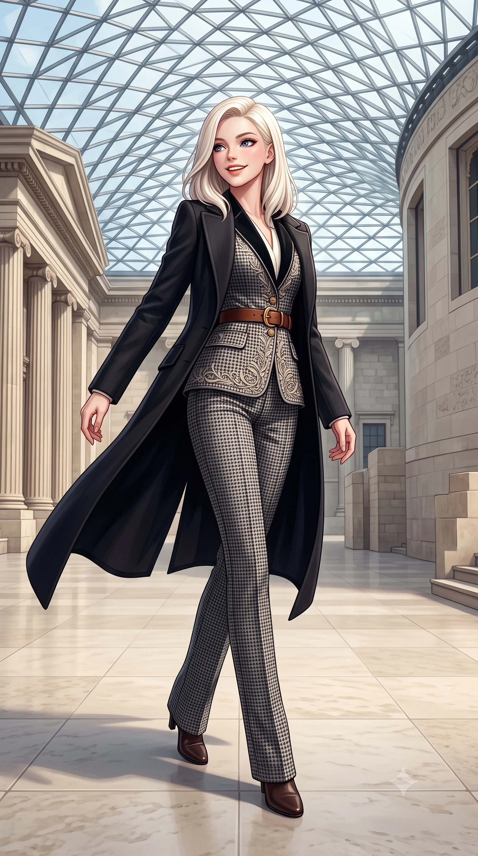 score_9, masterpiece, best quality, ultra-detailed, high-budget anime keyframe, semi-realistic 3D game render, editorial fashion photography, tasteful artistic composition, Caucasian woman. low angle full-body shot from head to toe showing her feet, filling the entire 9:16 vertical frame with her statuesque presence, stretching her vertical silhouette. pausing along the promenade and turning back toward the camera with an infectious, delightful smile and perfect posture while stepping gracefully across the vast limestone courtyard floor, her long tailored coat flowing with statuesque elegance. The surrounding environment is rendered in vivid detail and crisp panoramic clarity: sharp geometric steel strut joinery of glass ceiling, fluted column stone grooves, and smooth honed limestone paving joints in deep focus. She has an exceptionally tall and slender model-like 8.5-heads proportion, an ultra-slim waist, a flat toned midriff, narrow delicate ribcage, and beautifully sculpted feminine hips creating a graceful, slim hourglass silhouette without any bulky heaviness, with impossibly long slender legs. sharp v-shaped jawline, high-bridge nose, intricate jewel-like sparkling eyes with depth, thick eyelashes, glossy parted lips with a natural peach sheen, bright cheerful beaming smile with an enchanting and coquettish sensual glint, exuding both youthful cute charm and seductive allure, flawlessly proportioned anatomical accuracy, strict slender model proportions, natural body alignment, perfectly sculpted long slender limbs, ultra-slim waistline, clean dynamic posture without body distortion. wearing a retro Art Deco embroidered wool blazer with velvet lapels paired with high-waisted pressed trousers in classic Savile Row charcoal houndstooth and crisp ivory, crafted from rich cotton velvet with deep light-absorbing pile and soft gradients, finished with a smooth equestrian bridle-leather belt with a polished brass horseshoe buckle, the precision-cut high-waisted tailoring accentuating her ultra-slim waist and long slender leg line with immaculate aristocratic poise. bathed in voluminous pure white zenithal daylight filtering through the vast geometric glass skylight canopy. highly saturated vibrant anime colors, detailed shading with soft gradients, rich glossy textures, high-contrast stereoscopic depth, volumetric dynamic lighting, master piece, 9:16 ratio