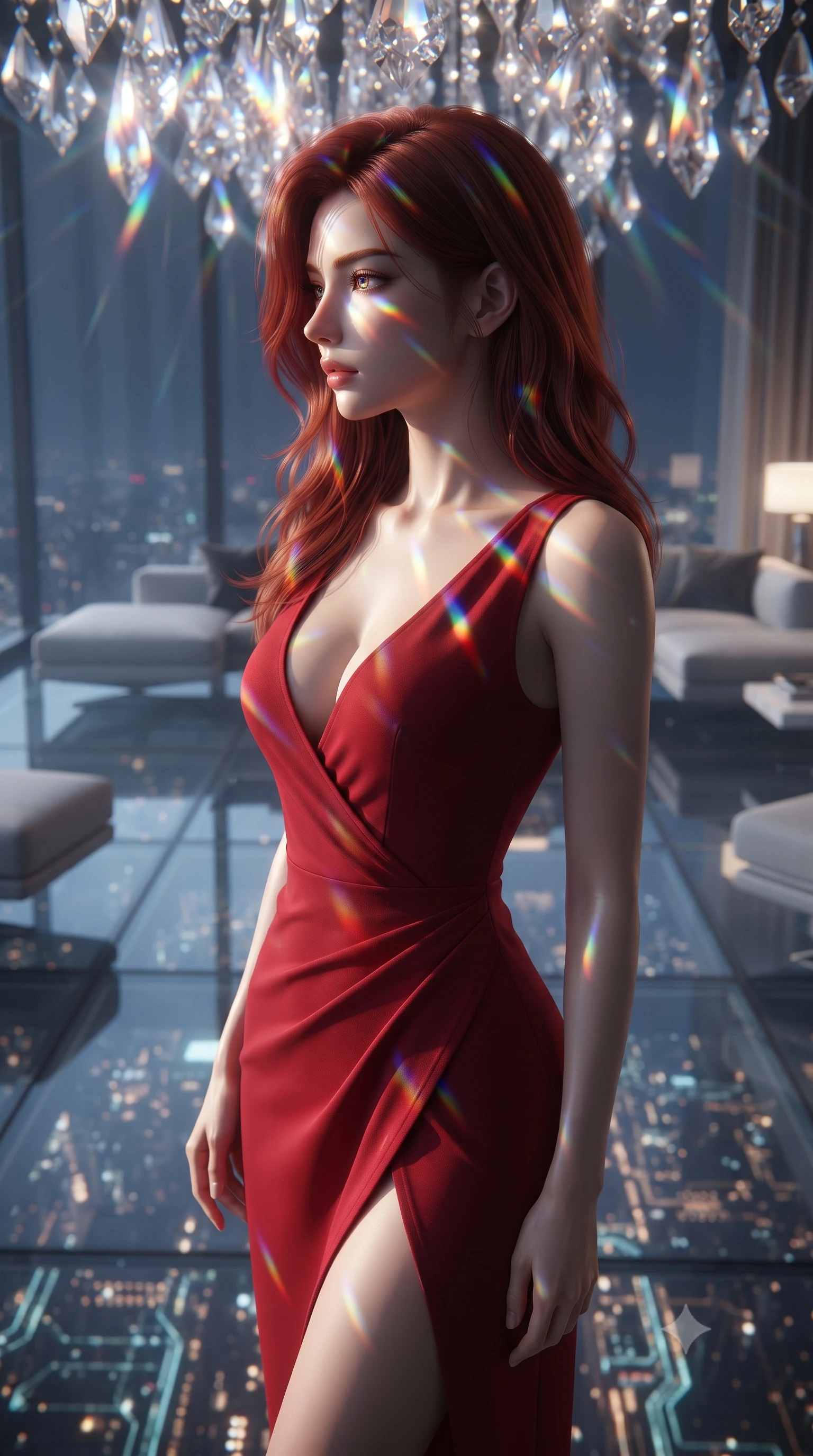 score_9, masterpiece, best quality, ultra-detailed, high-budget anime keyframe, editorial fashion photography, tasteful artistic composition, Korean woman. close-up cowboy shot from the waist and thighs up, the character dominates the composition, filling the frame with her large presence, background elements kept in soft focus. Turning her face in sharp dramatic profile against the light. set against a soft-focus background of a luxury lounge with transparent glass floors one hundred stories up revealing the city far below like a living circuit board of twinkling lights with sleek modern furniture floating above the void. She has an exceptionally elegant and slender, willowy female figure with an ultra-slim waist, a gracefully sculpted slender torso, and a refined slim physique. sharp v-shaped jawline, high-bridge nose, intricate jewel-like eyes with depth, thick eyelashes, glossy lips with a natural sheen. wearing a crimson red jersey dress featuring a deep plunging neckline and an asymmetric wrap skirt with a high slit. cascading rainbow prismatic light refracting through crystal formations overhead. 2k, ultra detail, master piece, 9:16 ratio
