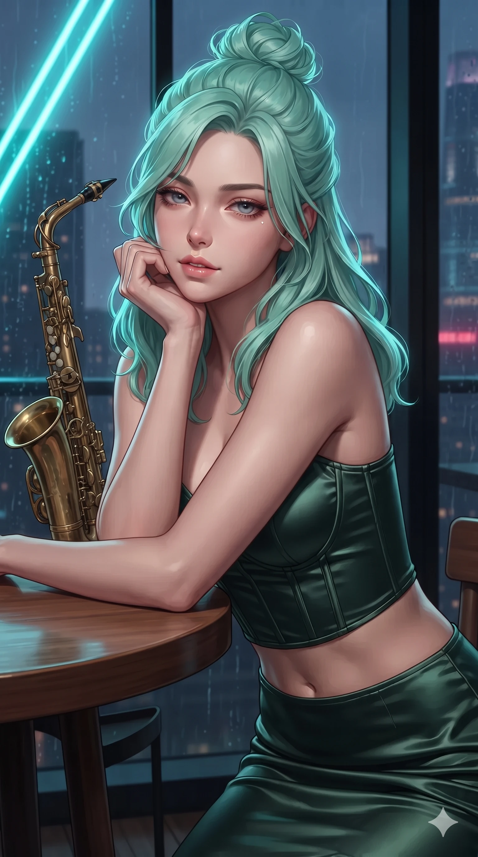 score_9, masterpiece, best quality, ultra-detailed, high-budget anime keyframe, editorial fashion photography, tasteful artistic composition, Japanese woman. close-up cowboy shot from the waist and thighs up, the character dominates the composition, filling the frame with her large presence. resting one elbow on the table and supporting her chin, leaning close to the camera with heavy-lidded sparkling eyes and parted lips while standing poised on the polished teak terrace beside a vintage brass saxophone stand, twisting her slender torso in an alluring S-curve while holding a cocktail glass as river breezes whip her dress. The surrounding environment is rendered in vivid detail and crisp panoramic clarity: rich high-contrast Shanghai modern noir chiaroscuro and ultra-luxury Oriental grand touring aesthetics in precision. She has an exceptionally elegant, slender, and willowy female figure with an ultra-slim waist, flat toned midriff, narrow ribcage, and sculpted feminine hips creating an alluring, slim hourglass silhouette without bulk. sharp v-shaped jawline, high-bridge nose, intricate jewel-like sparkling eyes with depth, thick eyelashes, glossy parted lips with a natural sheen, intensely captivating and seductive bedroom-eyes expression, exuding both youthful cute charm and sovereign luxury allure, flawlessly proportioned anatomical accuracy, strict slender model proportions, natural body alignment, perfectly sculpted long slender limbs, ultra-slim waistline, clean dynamic posture without body distortion. wearing a sculpted matte satin underwire crop corset with lace-up side ties paired with a low-rise micro skirt in deep emerald green satin and gold hardware accents, made of fluid liquid jersey with seamless sculpting hold and smooth contours, finished with a minimalist chrome choker and a single teardrop diamond pendant, the glove-like clinging cut tightly following the natural contour of her hips and long slender legs with youthful 8.5-heads elegance. illuminated by terrace deck bounce and sharp neon-cyan rim lights sculpting her razor-sharp jawline, narrow waist, and curvy hips. ultra-reflective glossy finish, specular highlights, rich textural contrasts, high-contrast stereoscopic depth, volumetric dynamic lighting, 2k, ultra detail, master piece, 9:16 ratio