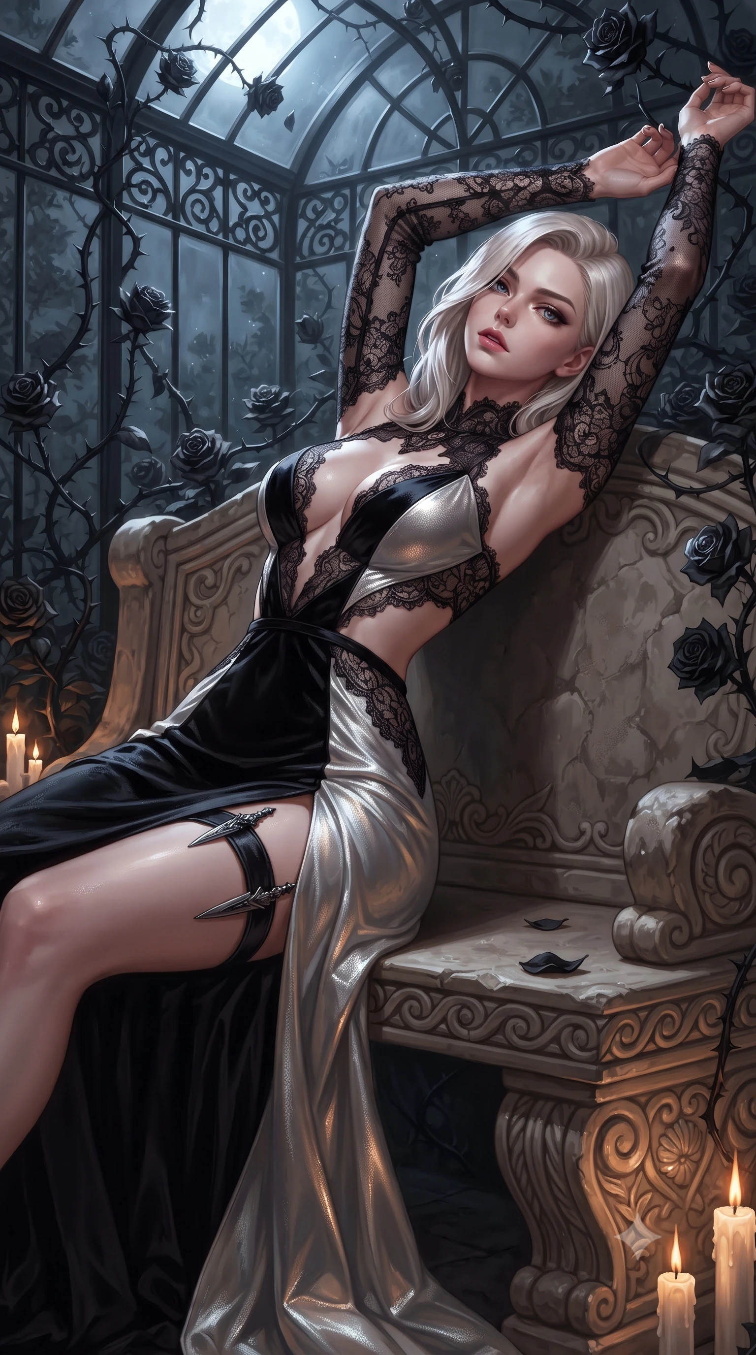 score_9, masterpiece, best quality, ultra-detailed, high-budget anime keyframe, editorial fashion photography, tasteful artistic composition, Caucasian woman. close-up cowboy shot from the waist and thighs up, the character dominates the composition, filling the frame with her large presence. arching her back languidly with arms stretching overhead, highlighting her narrow waist and feminine silhouette in pure supermodel elegance while reclining languidly on an antique stone bench in a moonlit glasshouse orangerie as thorny black rose vines climb the iron rafters. The surrounding environment is rendered in vivid detail and crisp panoramic clarity. high-contrast gothic romance chiaroscuro and atmospheric Victorian architecture rendered with precision. She has an exceptionally elegant, slender, and willowy female figure with an ultra-slim waist, a gracefully sculpted slender torso, toned flat midriff, and a refined slim silhouette. sharp v-shaped jawline, high-bridge nose, intricate jewel-like eyes with depth, thick eyelashes, glossy parted lips with a natural sheen, intensely captivating and seductive expression, flawlessly proportioned anatomical accuracy, strict slender model proportions, natural body alignment, perfectly sculpted long slender limbs, ultra-slim waistline, clean dynamic posture without body distortion. wearing a dark romantic lace-sleeved evening gown with a plunging neckline and bare shoulders in high-contrast black velvet and pearl white, crafted from luxurious metallic lamé that shifts radiance with every step, equipped with a concealed dagger sheath garter under her slit skirt, the precision-cut daring openings accentuating her delicate midriff, graceful bare collarbones, and ultra-slim feminine waistline. bathed in cold lunar moonlight from above and warm flickering candle uplights from below. ultra-reflective glossy finish, specular highlights, rich textural contrasts, high-contrast stereoscopic depth, volumetric dynamic lighting, 2k, ultra detail, master piece, 9:16 ratio
