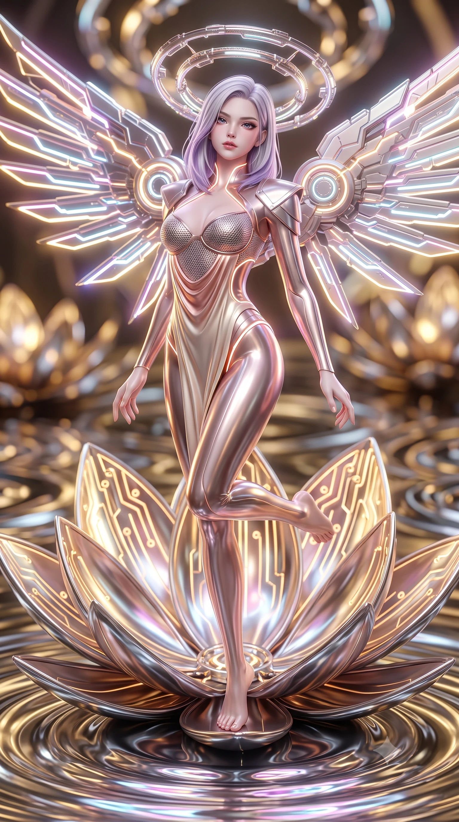 score_9, masterpiece, best quality, ultra-detailed, high-budget anime keyframe, semi-realistic 3D game render, editorial fashion photography, tasteful artistic composition, Caucasian woman. low angle full-body shot from head to toe showing her feet, filling the entire 9:16 vertical frame with her statuesque presence, stretching her vertical silhouette. arching her back gracefully in mid-air as glowing mechanical wings and floating cybernetic halos frame her statuesque presence while kneeling gracefully on a metallic lotus petal as ripples of liquid mercury reflect brilliant neon light across her bare shoulders. The composition keeps background elements in soft focus with creamy bokeh. giant glowing circuit lotus petals and swirling mercury ripples blurred into rich golden and chrome bokeh. She has an absolutely perfect, statuesque 8.5-heads proportion, an exceptionally tall and slender model-like female figure with impossibly long slender legs, a toned flat midriff, and an ultra-slim waist. sharp v-shaped jawline, high-bridge nose, intricate jewel-like eyes with depth, thick eyelashes, glossy lips with a natural sheen, flawlessly proportioned anatomical accuracy, strict slender model proportions, natural body alignment, perfectly sculpted long slender limbs, ultra-slim waistline, clean dynamic posture without body distortion. wearing a structured titanium-mesh bustier with geometric shoulder pauldrons and an ultra-slender liquid jersey drape in sculpted rose gold and luminescent champagne ivory, crafted from ultra-reflective second-skin liquid metal with a mirror-like polish, accented with glowing fiber-optic seams tracing her collarbones and hip curves, the glove-like aerodynamic second-skin fit tightly clinging to her ultra-slender waist and athletic curves without adding bulk, accentuating her razor-sharp statuesque lines and slim hourglass silhouette. illuminated by crisp white key lighting with specular metallic highlights tracing her slender curves. rich saturated anime colors with glowing neon highlights, detailed shading with soft gradients, rich glossy textures, high-contrast stereoscopic depth, volumetric dynamic lighting, master piece, 9:16 ratio