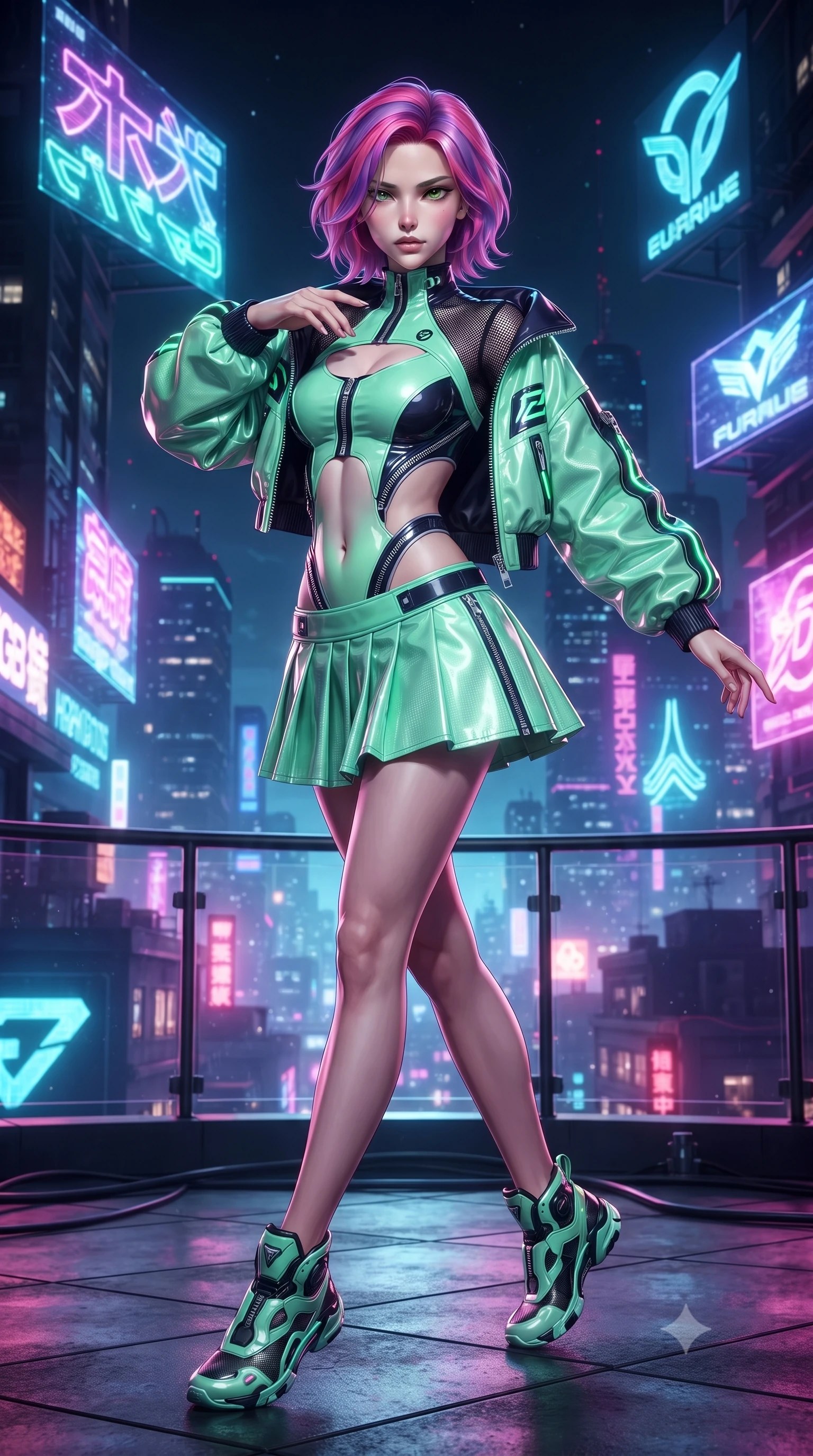 score_9, masterpiece, best quality, ultra-detailed, high-budget anime keyframe, editorial fashion photography, tasteful artistic composition, Caucasian woman. low angle full-body shot from head to toe showing her feet, filling the entire 9:16 vertical frame with her statuesque presence, stretching her vertical silhouette. landing lightly on the balls of her feet in a balanced kinetic stance, eyes locked onto the camera with fearless allure while pivoting with energetic street-dance momentum as giant holographic animated logos flash across the night sky behind her. The surrounding environment is rendered in vivid detail and crisp panoramic clarity. vibrant futuristic rave chiaroscuro and exhilarating high-altitude electronic nightlife in precision. She has an absolutely perfect, statuesque 8.5-heads proportion, an exceptionally tall and slender model-like female figure with impossibly long slender legs, a toned flat midriff, and an ultra-slim waist. sharp v-shaped jawline, high-bridge nose, intricate jewel-like eyes with depth, thick eyelashes, glossy lips with a natural sheen, captivating and magnetic expression, flawlessly proportioned anatomical accuracy, strict slender model proportions, natural body alignment, perfectly sculpted long slender limbs, ultra-slim waistline, clean dynamic posture without body distortion. wearing a cutout cyberpunk bodysuit paired with an oversized neon-piped bomber jacket and pleated micro-skirt in neon mint green and dark obsidian, crafted from high-gloss metallic ripstop nylon and flexible carbon mesh, accented with metallic zipper teeth running along the diagonal cutouts, the sleek tailored cut tightly hugging her graceful clavicle, narrow waist, and feminine curves with statuesque precision. bathed in flashing RGB strobe lights and glowing holographic billboard backlighting. ultra-reflective glossy finish, specular highlights, rich textural contrasts, high-contrast stereoscopic depth, volumetric dynamic lighting, 2k, ultra detail, master piece, 9:16 ratio