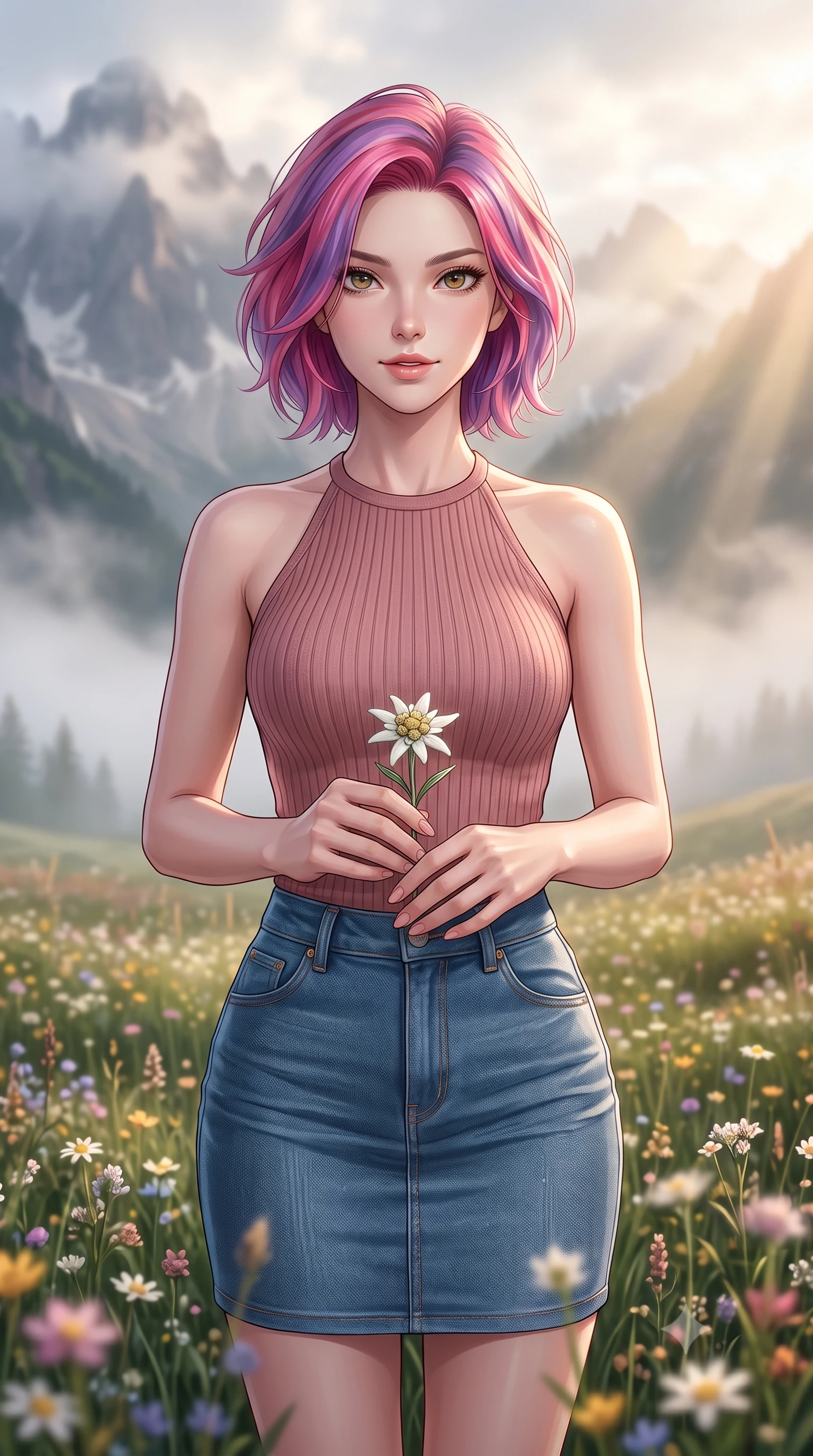 score_9, masterpiece, best quality, ultra-detailed, high-budget anime keyframe, editorial fashion photography, tasteful artistic composition, Caucasian woman woman. close-up cowboy shot from the waist and thighs up, the character dominates the composition, filling the frame with her large presence, background elements kept in soft focus. gazing directly at the viewer with a calm and welcoming expression, holding a fresh flower the background shows a soft-focus a grassy field of alpine flowers with majestic mist-shrouded mountains in the background. She has an exceptionally elegant, slender, and willowy female figure with an ultra-slim waist, a gracefully sculpted slender torso, and a refined silhouette. sharp v-shaped jawline, high-bridge nose, intricate jewel-like eyes with depth, thick eyelashes, glossy lips with a natural sheen. wearing a form-contouring form-fitting ribbed knit halter top in dusty rose, paired with a tight-fitting denim skirt. soft morning sunrays breaking through the valley fog. 2k, ultra detail, master piece, 9:16 ratio