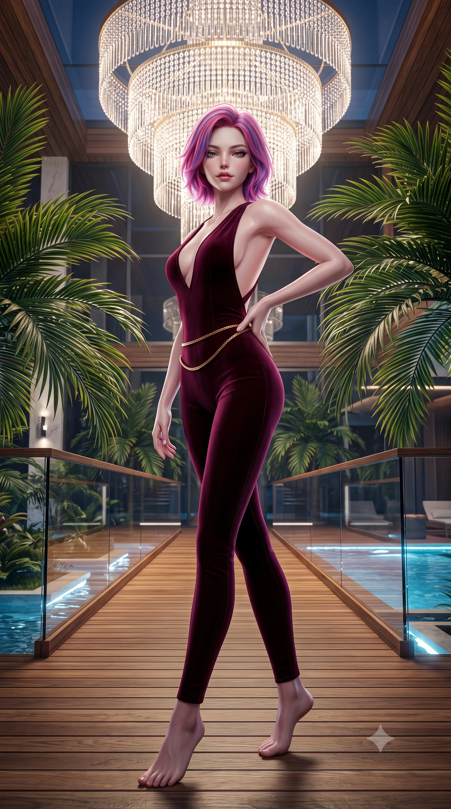 score_9, masterpiece, best quality, ultra-detailed, high-budget anime keyframe, semi-realistic 3D game render, editorial fashion photography, tasteful artistic composition, Caucasian woman. low angle full-body shot from head to toe showing her feet, filling the entire 9:16 vertical frame with her statuesque presence, stretching her vertical silhouette. pausing mid-stride beneath the grand chandelier with one hand resting on her narrow waist, her arched hips and statuesque 8.5-heads presence commanding the 9:16 vertical frame while twisting her slender torso in an alluring contrapposto stance, midnight tropical breezes sculpting her fluid gown against her waist and curvy hips. The surrounding environment is rendered in vivid detail and crisp panoramic clarity. sharp teak boardwalk grain, palm frond structural venation, and glass parapet clarity in deep focus. She has an exceptionally tall and slender model-like 8.5-heads proportion, an ultra-slim waist, a flat toned midriff, narrow delicate ribcage, and beautifully sculpted feminine hips creating a graceful, slim hourglass silhouette without any bulky heaviness, with impossibly long slender legs. sharp v-shaped jawline, high-bridge nose, intricate jewel-like dark sparkling eyes with dangerous depth, thick curled eyelashes, glossy parted lips with a rich wine sheen, smoldering seductive half-smile with bedroom-eyes, exuding effortless superiority and intoxicating dark allure, flawlessly proportioned anatomical accuracy, strict slender model proportions, natural body alignment, perfectly sculpted long slender limbs, ultra-slim waistline, clean dynamic posture without body distortion. wearing a second-skin dark burgundy stretch-velvet jumpsuit with a plunging neckline and open back in deep wine burgundy and lustrous obsidian, tailored from crushed dark velvet with deep light-absorbing plush texture, finished with a delicate gold snake chain belt resting loosely across her curvy hips, the high-waisted tailoring accentuating her ultra-slim waistline and the enchanting curve of her feminine hips with alluring dark charm. illuminated by underwater pool LED downlights and crisp silver rim lighting sharply sculpting her razor-sharp jawline, narrow waist, and curvy hips. highly saturated vibrant anime colors, detailed shading with soft gradients, rich glossy textures, high-contrast stereoscopic depth, volumetric dynamic lighting, master piece, 9:16 ratio