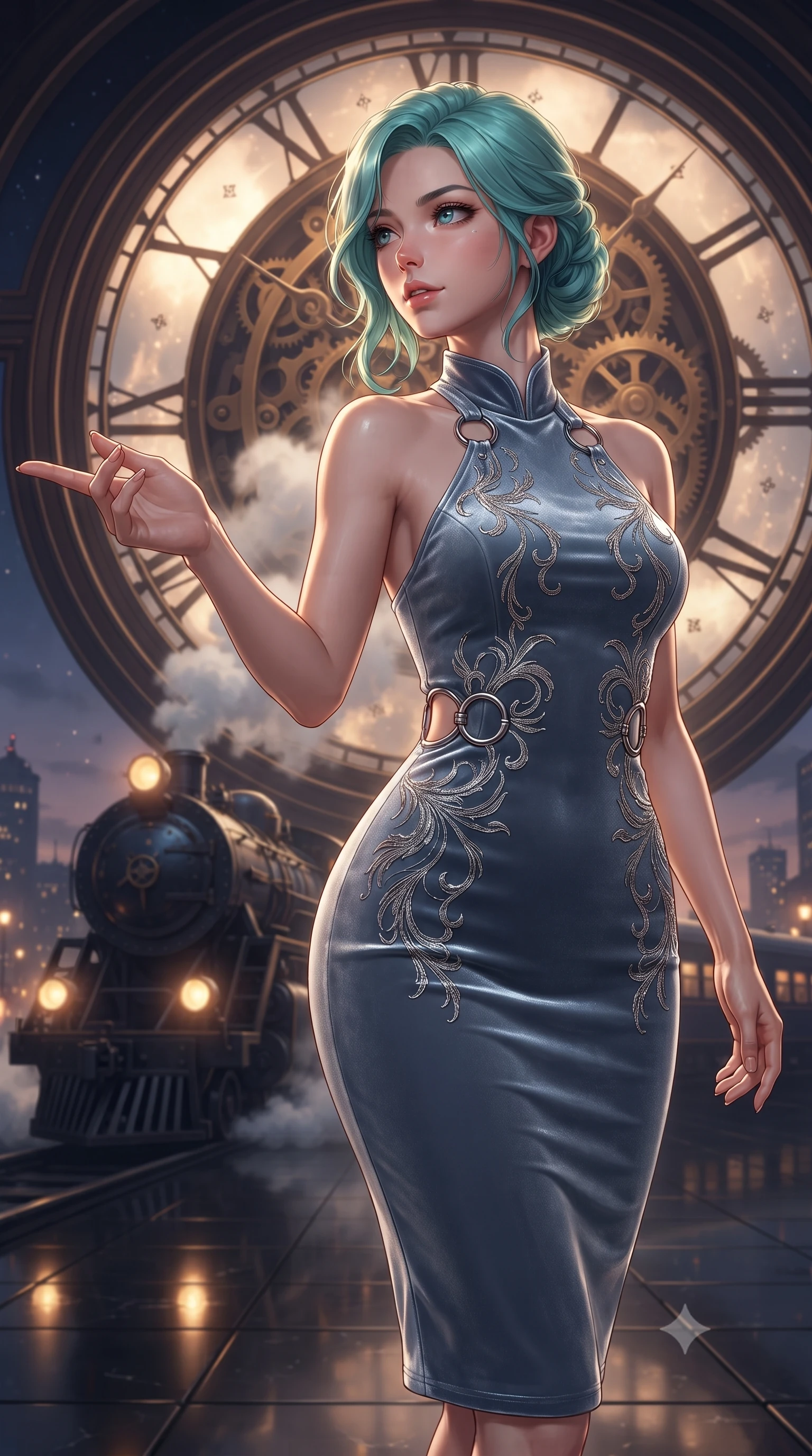 score_9, masterpiece, best quality, ultra-detailed, high-budget anime keyframe, editorial fashion photography, tasteful artistic composition, Japanese woman. close-up cowboy shot from the waist and thighs up, the character dominates the composition, filling the frame with her large presence, background elements kept in soft focus. Reaching one hand gracefully toward the viewer with effortless superiority and allure gazing out a massive circular clock window at a twilight galaxy express train, distant starlight and city lights twinkling through steam clouds. She has an exceptionally elegant, slender, and willowy female figure with an ultra-slim waist, a gracefully sculpted slender torso, and a refined silhouette. sharp v-shaped jawline, high-bridge nose, intricate jewel-like eyes with depth, thick eyelashes, glossy lips with a natural sheen. wearing a velvet halter-neck midi dress following her form like a glove in slate blue and metallic silver, crafted from smooth liquid silk, accented with delicate chrome ring hardware framing her waist, the tailored fabric tightly following every curve of her athletic build. bathed in warm twilight amber backlighting and rich metallic specular glow. ultra-reflective glossy finish, specular highlights, metallic sheen, high-contrast stereoscopic depth, volumetric dynamic lighting, 2k, ultra detail, master piece, 9:16 ratio