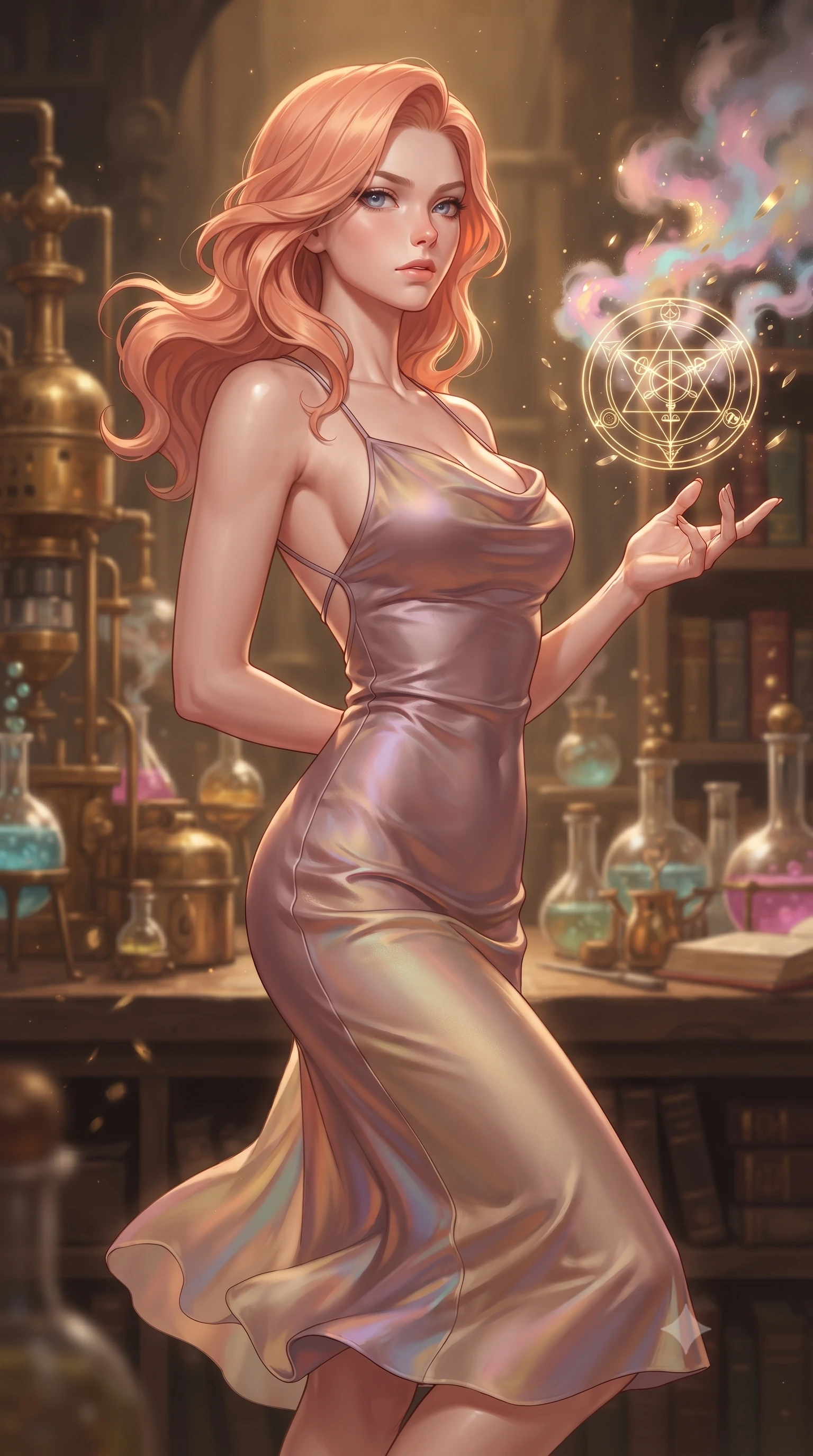 score_9, masterpiece, best quality, ultra-detailed, high-budget anime keyframe, editorial fashion photography, tasteful artistic composition, Japanese woman. close-up cowboy shot from the waist and thighs up, the character dominates the composition, filling the frame with her large presence, background elements kept in soft focus. Gazing past the lens with composed intensity as her torso curves dynamically in mid-motion while reaching her hand forward to touch a glowing golden alchemy symbol floating over a crucible, pastel-colored steam clouds scattering bright metallic highlights. She has an exceptionally elegant, slender, and willowy female figure with an ultra-slim waist, a gracefully sculpted slender torso, and a refined silhouette. sharp v-shaped jawline, high-bridge nose, intricate jewel-like eyes with depth, thick eyelashes, glossy lips with a natural sheen, flawlessly proportioned anatomical accuracy, natural body alignment, perfectly sculpted elegant limbs, clean dynamic posture without body distortion. wearing an elegant cowl-neck satin midi dress with a graceful draped neckline in dusty rose and champagne gold, crafted from iridescent chiffon that shifts colors in the light, complemented by criss-cross back straps highlighting her bare shoulders, the glove-like fit emphasizing her statuesque silhouette during motion. surrounded by a warm, powerful industrial alchemy atmosphere. ultra-reflective glossy finish, specular highlights, metallic sheen, high-contrast stereoscopic depth, volumetric dynamic lighting, 2k, ultra detail, master piece, 9:16 ratio