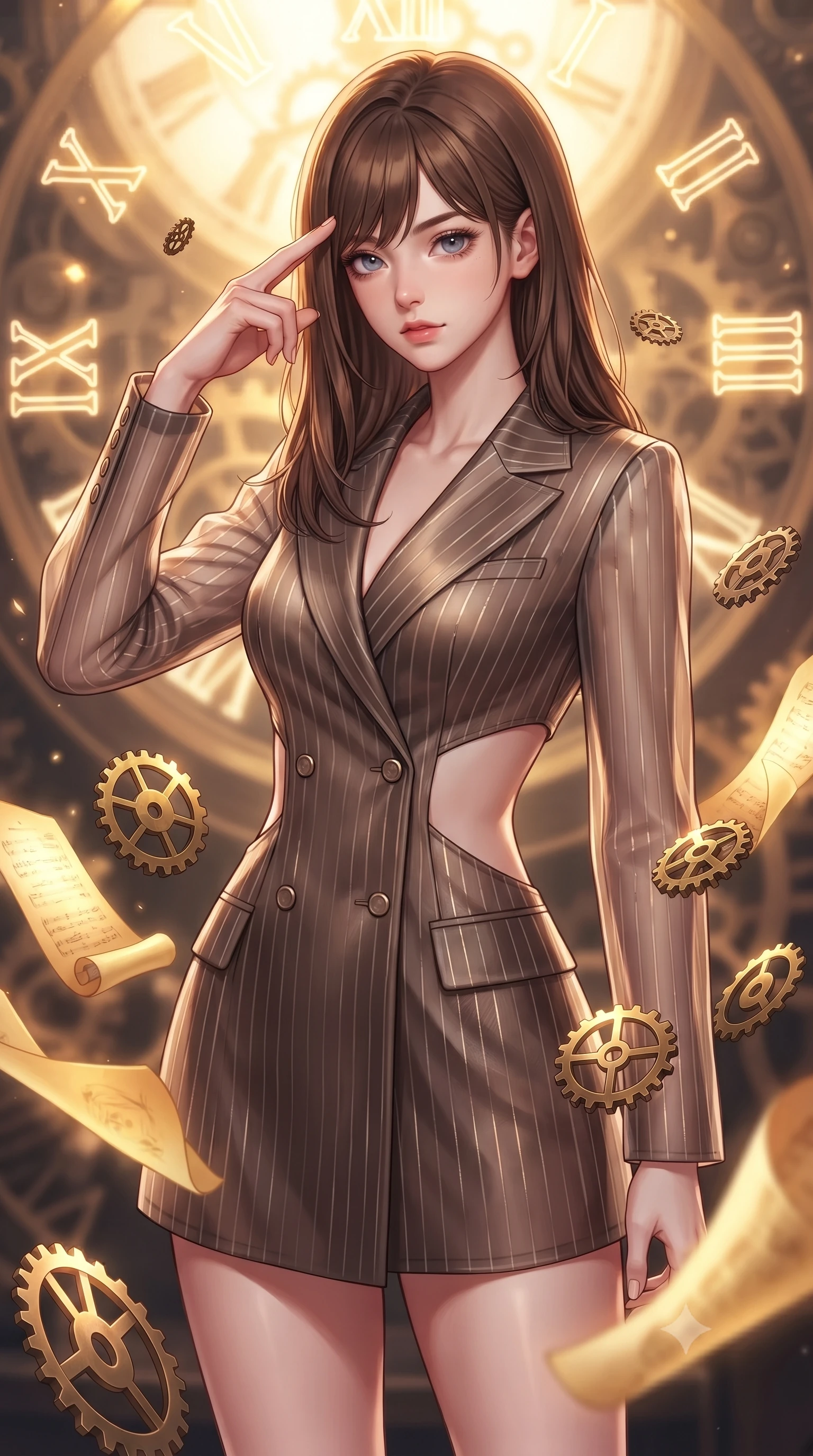 score_9, masterpiece, best quality, ultra-detailed, high-budget anime keyframe, editorial fashion photography, tasteful artistic composition, Korean woman. close-up cowboy shot from the waist and thighs up, the character dominates the composition, filling the frame with her large presence, background elements kept in soft focus. Pressing two fingers to her temple in a composed thoughtful gesture with an air of magnetic charisma surrounded by floating antique brass gears and glowing golden parchment scrolls, glowing neon clock numbers floating in the air with vintage elegancy. She has an exceptionally elegant, slender, and willowy female figure with an ultra-slim waist, a gracefully sculpted slender torso, and a refined silhouette. sharp v-shaped jawline, high-bridge nose, intricate jewel-like eyes with depth, thick eyelashes, glossy lips with a natural sheen. wearing a double-breasted blazer dress with metallic pin-stripes in espresso brown and warm cream, woven from fine semi-opaque sheer organza, featuring clean architectural cutouts along her slender torso, the glove-like fit emphasizing her statuesque silhouette. illuminated by a brilliant golden hour glow filtering through clockwork dials. highly saturated vibrant anime colors, detailed shading with soft gradients, rich glossy textures, high-contrast stereoscopic depth, volumetric dynamic lighting, master piece, 9:16 ratio