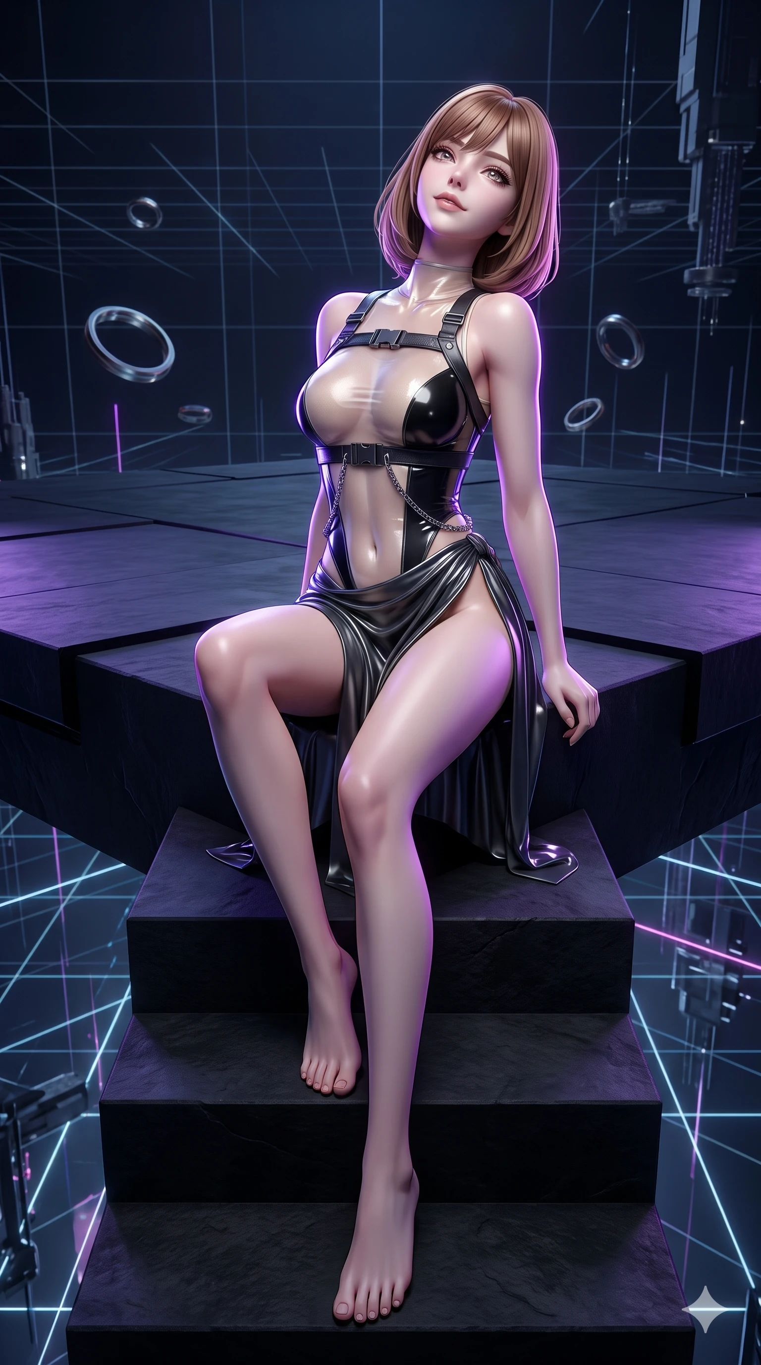score_9, masterpiece, best quality, ultra-detailed, high-budget anime keyframe, semi-realistic 3D game render, editorial fashion photography, tasteful artistic composition, Caucasian woman. low angle full-body shot from head to toe showing her feet, filling the entire 9:16 vertical frame with her statuesque presence, stretching her vertical silhouette. sitting poised on the dark stone steps with one knee bent, arching her spine with supermodel elegance as she glances upward through thick eyelashes while striding confidently along the floating monolithic platform, her long slender legs and hourglass hips commanding the infinite cyber void. The surrounding environment is rendered in vivid detail and crisp panoramic clarity: sharp planar obsidian slab edges, illuminated laser grid vector lines, and metallic floating ring textures in deep focus. She has an absolutely perfect, statuesque 8.5-heads proportion, an exceptionally tall and slender model-like female figure with impossibly long slender legs, an ultra-slim waist, a flat toned midriff, narrow delicate ribcage, and beautifully sculpted feminine hips creating a graceful, slim hourglass silhouette without any bulky heaviness. sharp v-shaped jawline, high-bridge nose, intricate jewel-like dark sparkling eyes with hypnotic seductive depth, thick curled eyelashes, glossy parted lips with a natural wine sheen, alluring bedroom-eyes with an enigmatic smoldering smile, exuding magnetic sovereign charisma and dark avant-garde glamour, flawlessly proportioned anatomical accuracy, strict slender model proportions, natural body alignment, perfectly sculpted long slender limbs, ultra-slim waistline, clean dynamic posture without body distortion. wearing a delicate semi-translucent wet-look mesh bodysuit clinging sheerly to her sculpted torso and hip curves in celestial champagne ivory and high-gloss jet black, made of liquid dark mercury jersey with seamless sculpting hold and fluid drape, framed by dark titanium buckles and silver chain details, the high-slit wrap tailoring accentuating her ultra-slim waistline and the enchanting curve of her feminine hips with alluring seductive charm. illuminated by floating neon grid upward bounce and sharp ultraviolet rim lights defining her razor-sharp jawline, narrow waist, and curvy hips. highly saturated vibrant anime colors, detailed shading with soft gradients, rich glossy textures, high-contrast stereoscopic depth, volumetric dynamic lighting, master piece, 9:16 ratio