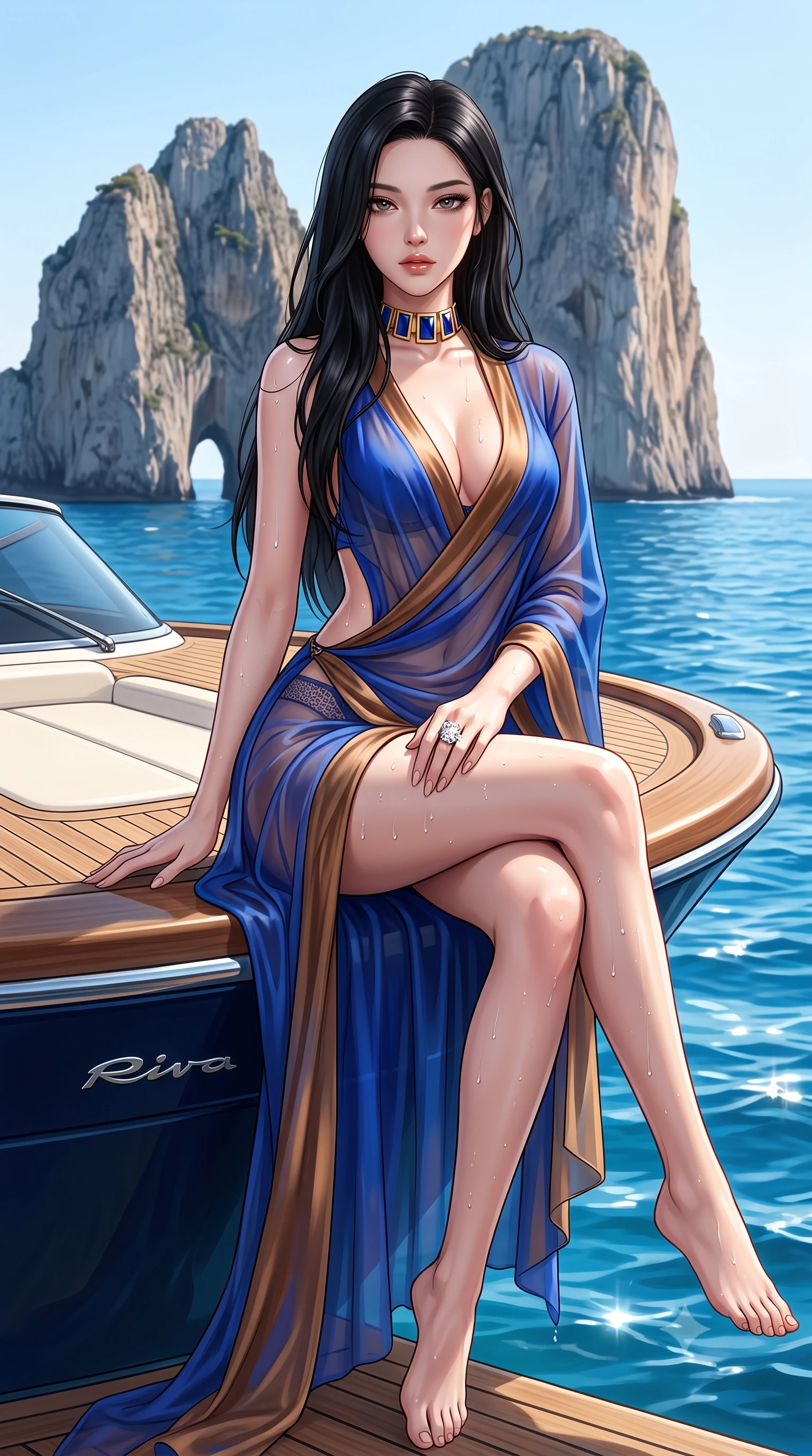 score_9, masterpiece, best quality, ultra-detailed, high-budget anime keyframe, semi-realistic 3D game render, editorial fashion photography, tasteful artistic composition, Korean woman. low angle full-body shot from head to toe showing her feet, filling the entire 9:16 vertical frame with her statuesque presence, stretching her vertical silhouette. sitting perched on the elevated edge with hips angled toward the camera and legs crossed, displaying her toned midriff and flawlessly sculpted slender limbs while perching on the teak gunwale of a luxury Riva yacht anchored beside the iconic Faraglioni sea stacks, hips angled toward the azure Mediterranean. The surrounding environment is rendered in vivid detail and crisp panoramic clarity. detailed knit swimwear texture, water droplet beads on skin, and distant sea horizon in high clarity. She has an exceptionally tall and slender model-like 8.5-heads proportion, an ultra-slim waist, a flat toned midriff, narrow delicate ribcage, and beautifully sculpted feminine hips creating a graceful, slim hourglass silhouette without any bulky heaviness, with impossibly long slender legs. sharp v-shaped jawline, high-bridge nose, intricate jewel-like eyes with depth, thick eyelashes, glossy parted lips with a natural sheen, intensely captivating and seductive bedroom-eyes expression, flawlessly proportioned anatomical accuracy, strict slender model proportions, natural body alignment, perfectly sculpted long slender limbs, ultra-slim waistline, clean dynamic posture without body distortion. wearing a delicate semi-translucent silk yukata that clings to her wet skin and curvy hip contours in royal sapphire blue and liquid bronze, made of fluid silk crepe with delicate inner corsetry boning, complemented by a bold geometric choker and sparkling cocktail ring, the precision-cut side openings and low-back scoop framing her graceful spine and the sensual sweep of her slim, toned hips. illuminated by intense specular sea surface reflections carving her razor-sharp jawline, narrow waist, and curvy hips. highly saturated vibrant anime colors, detailed shading with soft gradients, rich glossy textures, high-contrast stereoscopic depth, volumetric dynamic lighting, master piece, 9:16 ratio