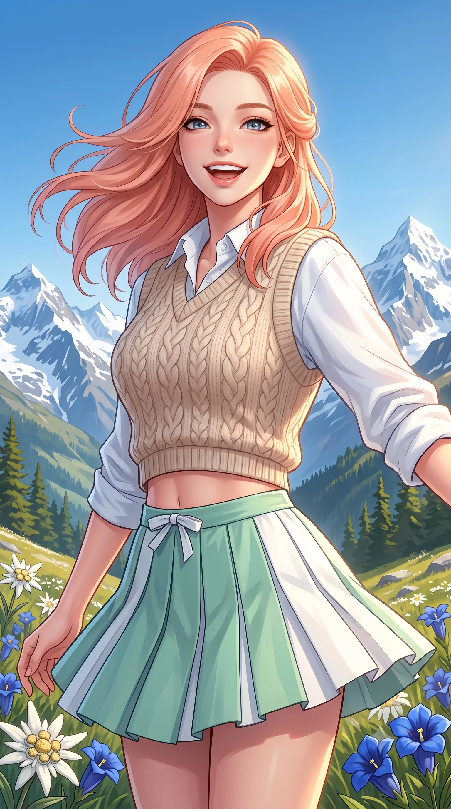 score_9, masterpiece, best quality, ultra-detailed, high-budget anime keyframe, semi-realistic 3D game render, editorial fashion photography, tasteful artistic composition, Japanese woman. close-up cowboy shot from the waist and thighs up, the character dominates the composition, filling the frame with her large presence. smiling warmly with slightly parted glossy lips and a lovely expression, her upper body turning dynamically toward the camera while turning with a joyful laugh as the crisp alpine mountain breeze gently lifts her soft hair against the clear blue sky. The surrounding environment is rendered in vivid detail and crisp panoramic clarity. sharp snowcapped Alpine ridge lines, vibrant edelweiss and blue gentian petals, and green pine slopes in crisp panoramic clarity. She has an exceptionally elegant, slender, and willowy female figure with an ultra-slim waist, a gracefully sculpted slender torso, toned flat midriff, and a refined slim silhouette. sharp v-shaped jawline, high-bridge nose, intricate jewel-like eyes with depth, thick eyelashes, glossy lips with a natural sheen, pure and lovely fresh girlhood expression, flawlessly proportioned anatomical accuracy, strict slender model proportions, natural body alignment, perfectly sculpted long slender limbs, ultra-slim waistline, clean dynamic posture without body distortion. wearing a cozy cable-knit sweater vest layered over an oversized crisp white shirt and a pleated tennis skirt in refreshing mint green and crisp sea-salt white, tailored from crisp organic cotton poplin, accented with a dainty ribbon bow at the waistline, the relaxed yet flattering fit accentuating her naturally graceful and slender figure, highlighting her youthful charm and lovely silhouette. illuminated by warm golden sunbeams streaming across lush green mountain slopes. highly saturated vibrant anime colors, detailed shading with soft gradients, rich glossy textures, high-contrast stereoscopic depth, volumetric dynamic lighting, master piece, 9:16 ratio