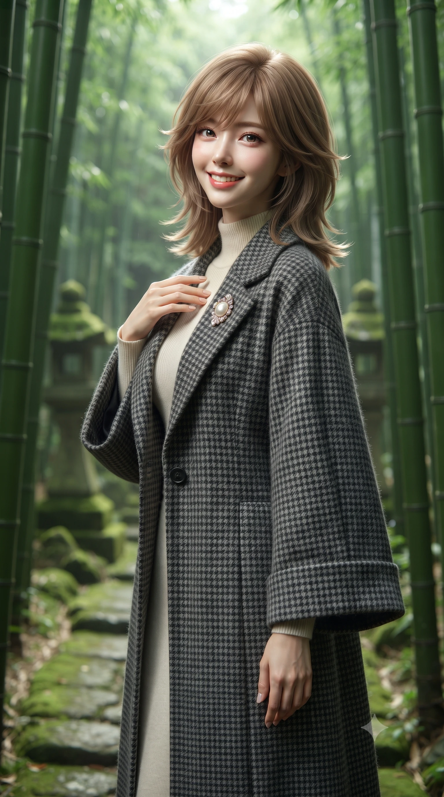 score_9, masterpiece, best quality, ultra-detailed, high-budget anime keyframe, editorial fashion photography, tasteful artistic composition, Korean woman. close-up cowboy shot from the waist and thighs up, the character dominates the composition, filling the frame with her large presence. resting one hand gracefully on her tailored blazer lapel while looking into the camera with bright, sparkling eyes while standing poised between towering emerald bamboo stalks, looking back along the stone pathway with an enchanting, radiant smile. The background shows a soft-focus ancient mossy stone lanterns softened in mystical Japanese natural sanctuary shallow focus. She has an exceptionally elegant, slender, and willowy female figure with an ultra-slim waist, flat toned midriff, narrow ribcage, and sculpted feminine hips creating an alluring, slim hourglass silhouette without bulk. sharp v-shaped jawline, high-bridge nose, intricate jewel-like sparkling eyes with depth, thick eyelashes, glossy parted lips with a natural peach sheen, bright cheerful beaming smile with an enchanting and coquettish sensual glint, exuding both youthful cute charm and seductive allure, flawlessly proportioned anatomical accuracy, strict slender model proportions, natural body alignment, perfectly sculpted long slender limbs, ultra-slim waistline, clean dynamic posture without body distortion. wearing an elegant tailored wool trench with kimono-inspired wide sleeves worn over an ivory mock-neck sweater and long skirt in classic Savile Row charcoal houndstooth and crisp ivory, woven from plush alpaca yarn with a cloud-like fuzzy texture and soft halo, complemented by an antique baroque pearl brooch pinned tastefully on the lapel, the bespoke architectural tailoring hugging her natural waistline with sartorial precision, creating a clean graceful hourglass silhouette with tall model elegance. illuminated by soft green foliage bounce and crisp jade-gold rim lights sculpting her razor-sharp jawline and tall willowy frame. ultra-reflective glossy finish, specular highlights, rich textural contrasts, high-contrast stereoscopic depth, volumetric dynamic lighting, 2k, ultra detail, master piece, 9:16 ratio