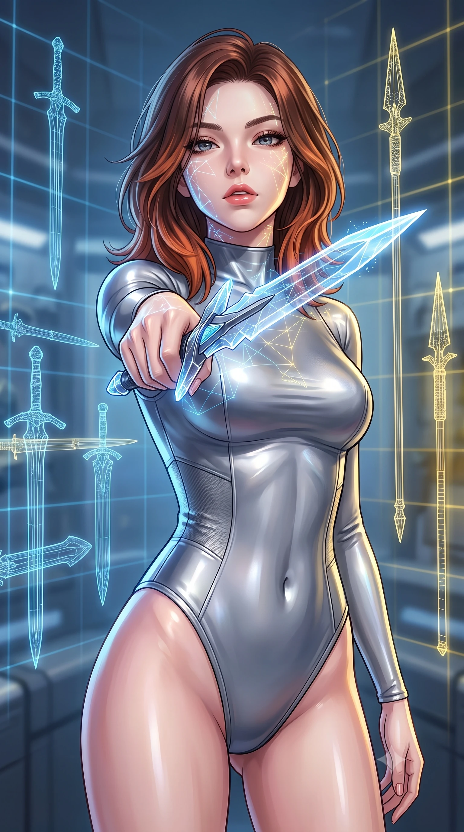 score_9, masterpiece, best quality, ultra-detailed, high-budget anime keyframe, editorial fashion photography, tasteful artistic composition, Korean woman. close-up cowboy shot from the waist and thighs up, the character dominates the composition, filling the frame with her large presence, background elements kept in soft focus. pointing a crystal-edged laser dagger forward in a defensive stance, tilting her chin up slightly with lips parted in a composed pose, the background shows a soft-focus a nanotech armory with floating wireframe models of swords and spears. She has an exceptionally elegant, slender, and willowy female figure with an ultra-slim waist, a gracefully sculpted slender torso, and a refined silhouette. sharp v-shaped jawline, high-bridge nose, intricate jewel-like eyes with depth, thick eyelashes, glossy lips with a natural sheen. wearing a body-hugging body-hugging titanium-sheen mock-neck bodysuit, featuring elastic compression panels at the waist. soft blue and yellow wireframe holograms casting delicate geometric patterns on her. highly saturated vibrant anime colors, detailed shading with soft gradients, rich glossy textures, high-contrast stereoscopic depth, volumetric dynamic lighting, master piece, 9:16 ratio