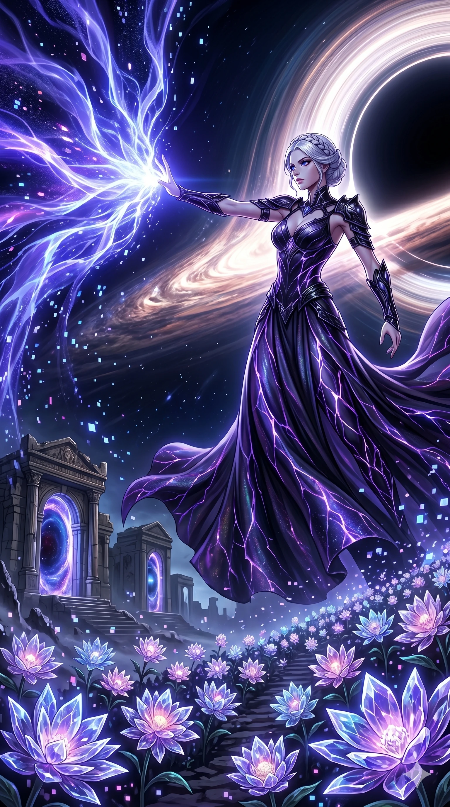 score_9, masterpiece, best quality, ultra-detailed, Set A: High-budget Anime Keyframe, Caucasian (human ears) woman. Low angle cowboy shot filling the entire 9:16 frame with her statuesque presence. Theme: Historical Remix. unleashing a massive energy wave in the edge of a black hole, while she leaves a trail of 226 blooming crystal flowers. The atmosphere is filled with a blizzard of digital pixels. She has an absolutely perfect 8-heads proportion, an exceptionally tall and slender female figure with impossibly long slender legs and an ultra-slim waist. Sharp v-shaped jawline, high-bridge nose, intricate jewel-like eyes with depth, glossy lips. Wearing Void-walker shadow-fabric dress with violet energy cracks and obsidian accessories. Cinematic lighting, vivid colors, dramatic shadows, 2k, ultra detail, master piece, 9:16 ratio