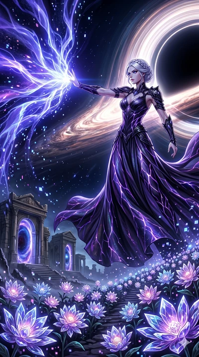 score_9, masterpiece, best quality, ultra-detailed, Set A: High-budget Anime Keyframe, Caucasian (human ears) woman. Low angle cowboy shot filling the entire 9:16 frame with her statuesque presence. Theme: Historical Remix. unleashing a massive energ