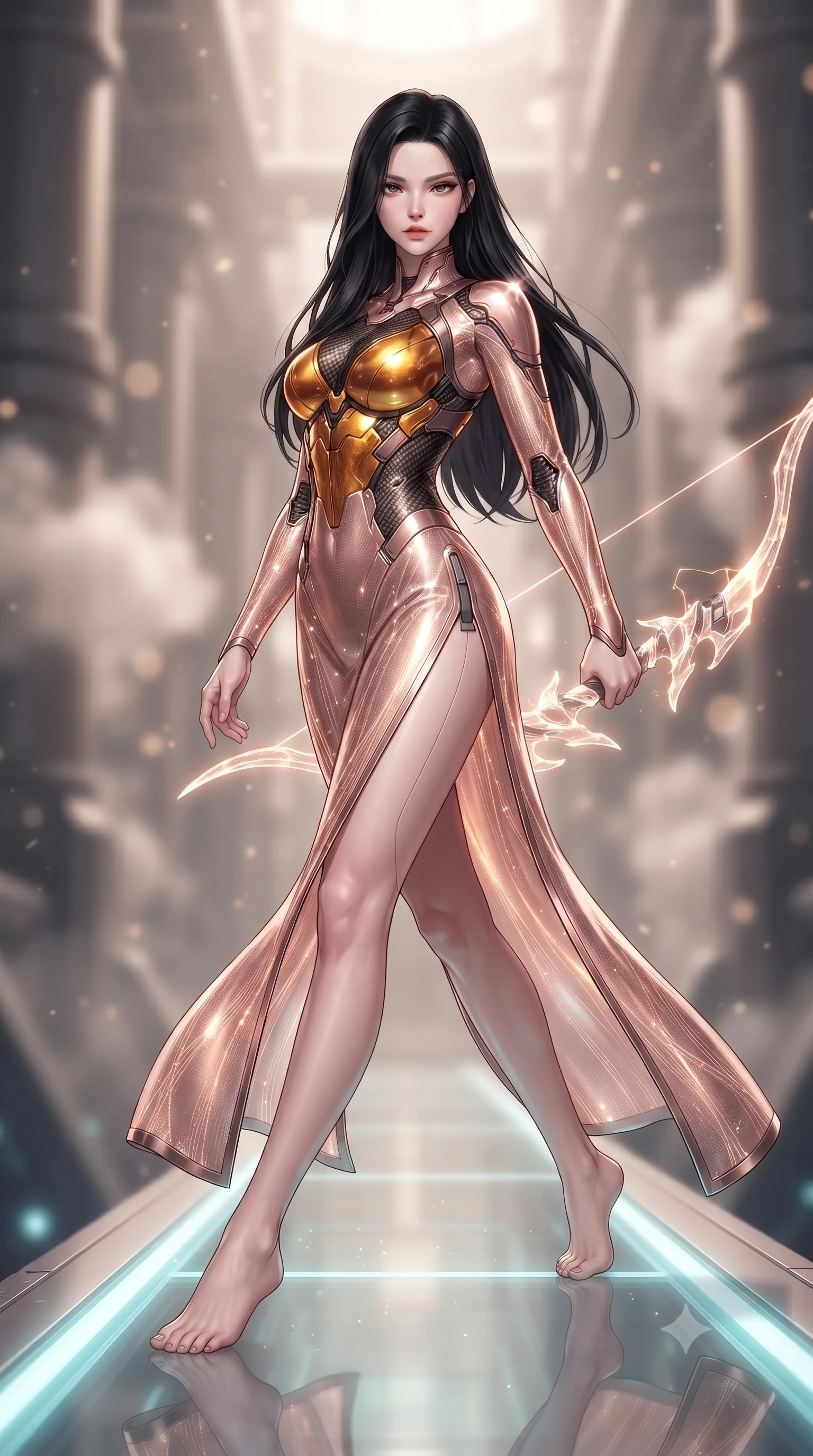 score_9, masterpiece, best quality, ultra-detailed, high-budget anime keyframe, editorial fashion photography, tasteful artistic composition, Korean woman. low angle full-body shot from head to toe showing her feet, filling the entire 9:16 vertical frame with her statuesque presence, stretching her vertical silhouette. arching her spine in a fluid zero-gravity combat turn with sovereign grace, her long slender legs and sculpted torso creating a sweeping line of power while stepping along a glowing glass conduit bridge with energy bow held at her side, gazing forward with divine focus. The composition keeps background elements in soft focus with creamy bokeh. industrial reactor support pillars and steam condensation vents softened in dreamy atmospheric depth. She has an absolutely perfect, statuesque 8.5-heads proportion, an exceptionally tall and slender model-like female figure with impossibly long slender legs, a toned flat midriff, and an ultra-slim waist. sharp v-shaped jawline, high-bridge nose, intricate jewel-like eyes with depth, thick eyelashes, glossy lips with a natural sheen, flawlessly proportioned anatomical accuracy, strict slender model proportions, natural body alignment, perfectly sculpted long slender limbs, ultra-slim waistline, clean dynamic posture without body distortion. wearing a form-fitting luminous rose-gold carbon combat gown with tactical side slits, wielding a floating magnetic energy bow with celestial poise in molten amber-gold carbon cuirass with dark titanium weave, crafted from semi-translucent cybernetic carbon-vinyl interwoven with glowing micro-filaments, finished with high-mobility articulation joints and miniature magnetic armor locks, the form-contouring material adhering flawlessly to her sculpted flat midriff and slender torso, emphasizing her long leg lines and perfectly proportioned willowy build. surrounded by a sacred, mystical, and breathtakingly powerful high-tech archer goddess atmosphere. ultra-reflective glossy finish, specular highlights, dark metallic sheen, high-contrast stereoscopic depth, volumetric dynamic lighting, 2k, ultra detail, master piece, 9:16 ratio