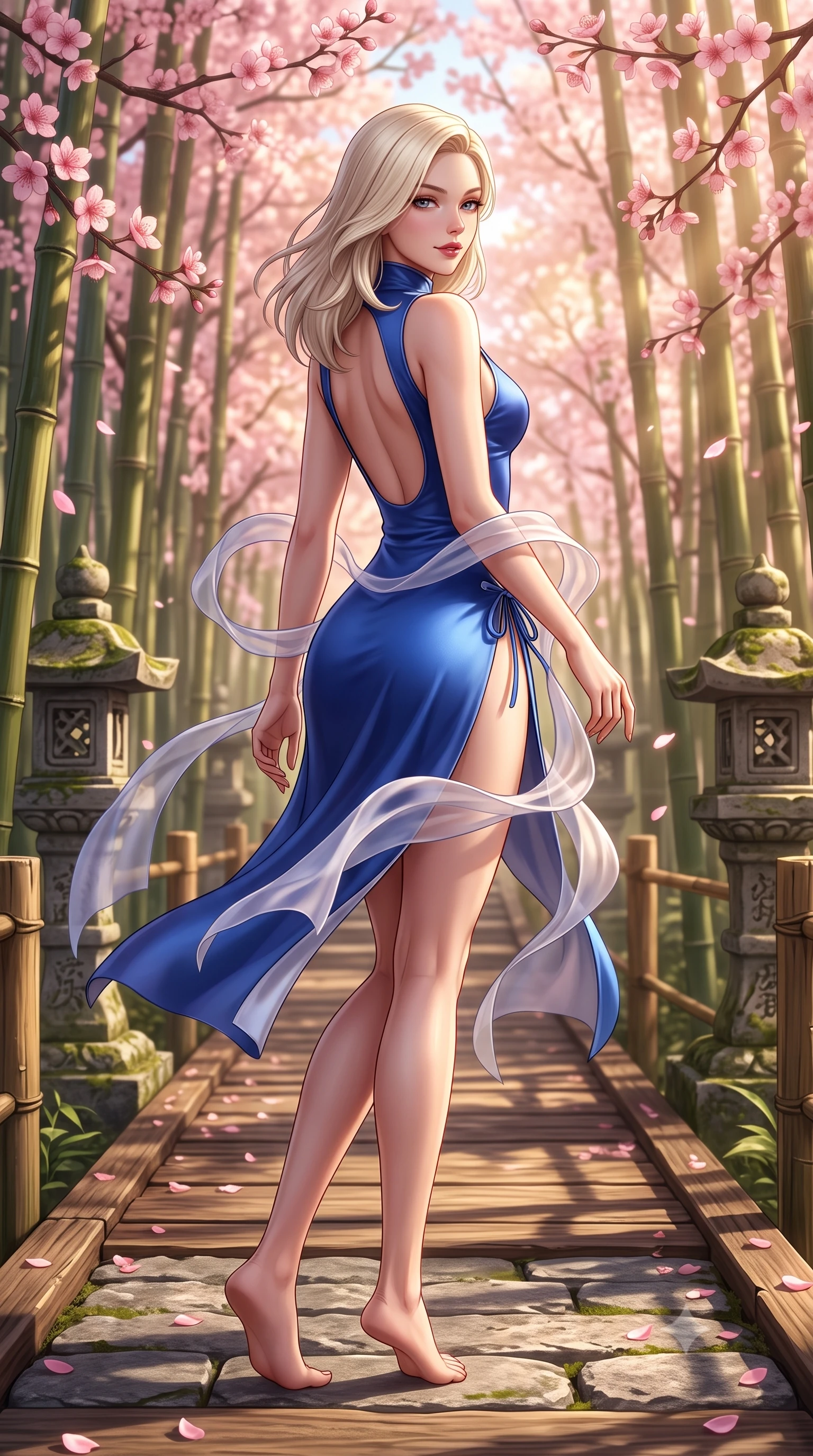 score_9, masterpiece, best quality, ultra-detailed, high-budget anime keyframe, semi-realistic 3D game render, editorial fashion photography, tasteful artistic composition, Caucasian woman. low angle full-body shot from head to toe showing her feet, filling the entire 9:16 vertical frame with her statuesque presence, stretching her vertical silhouette. walking slowly through the bamboo pathway, looking back over her shoulder with an air of effortless oriental grace and an alluring, smoldering smile while twisting her slender torso in an alluring S-curve in the spring breeze, her form-fitting modern kimono tracing her narrow waist and hips. The surrounding environment is rendered in vivid detail and crisp panoramic clarity: sharp cherry blossom petal venation, weathered cedar wood grain, and mossy stone pagoda carvings in deep focus. She has an absolutely perfect, statuesque 8.5-heads proportion, an exceptionally tall and slender model-like female figure with impossibly long slender legs, an ultra-slim waist, a flat toned midriff, narrow delicate ribcage, and beautifully sculpted feminine hips creating a graceful, slim hourglass silhouette without any bulky heaviness. sharp v-shaped jawline, high-bridge nose, intricate jewel-like dark sparkling almond eyes with depth, thick lashes, glossy parted lips with a natural rose-plum sheen, bright alluring and coquettish smile with bedroom-eyes, exuding both timeless oriental elegance and sovereign high-fashion allure, flawlessly proportioned anatomical accuracy, strict slender model proportions, natural body alignment, perfectly sculpted long slender limbs, ultra-slim waistline, clean dynamic posture without body distortion. wearing a form-contouring sleeveless turtleneck mini dress in liquid silk satin with subtle side hip ties and high slits in royal cobalt blue and starlight platinum, crafted from heavy fluid silk satin with a liquid mirror-like sheen, accented with flowing gossamer silk ribbons that flutter dynamically in the evening breeze, the precision-cut side hip slits and low-back scoop framing her graceful spine and the sensual sweep of her slim, toned hips. bathed in warm, soft spring afternoon sunlight filtering through pink blossom branches. highly saturated vibrant anime colors, detailed shading with soft gradients, rich glossy textures, high-contrast stereoscopic depth, volumetric dynamic lighting, master piece, 9:16 ratio