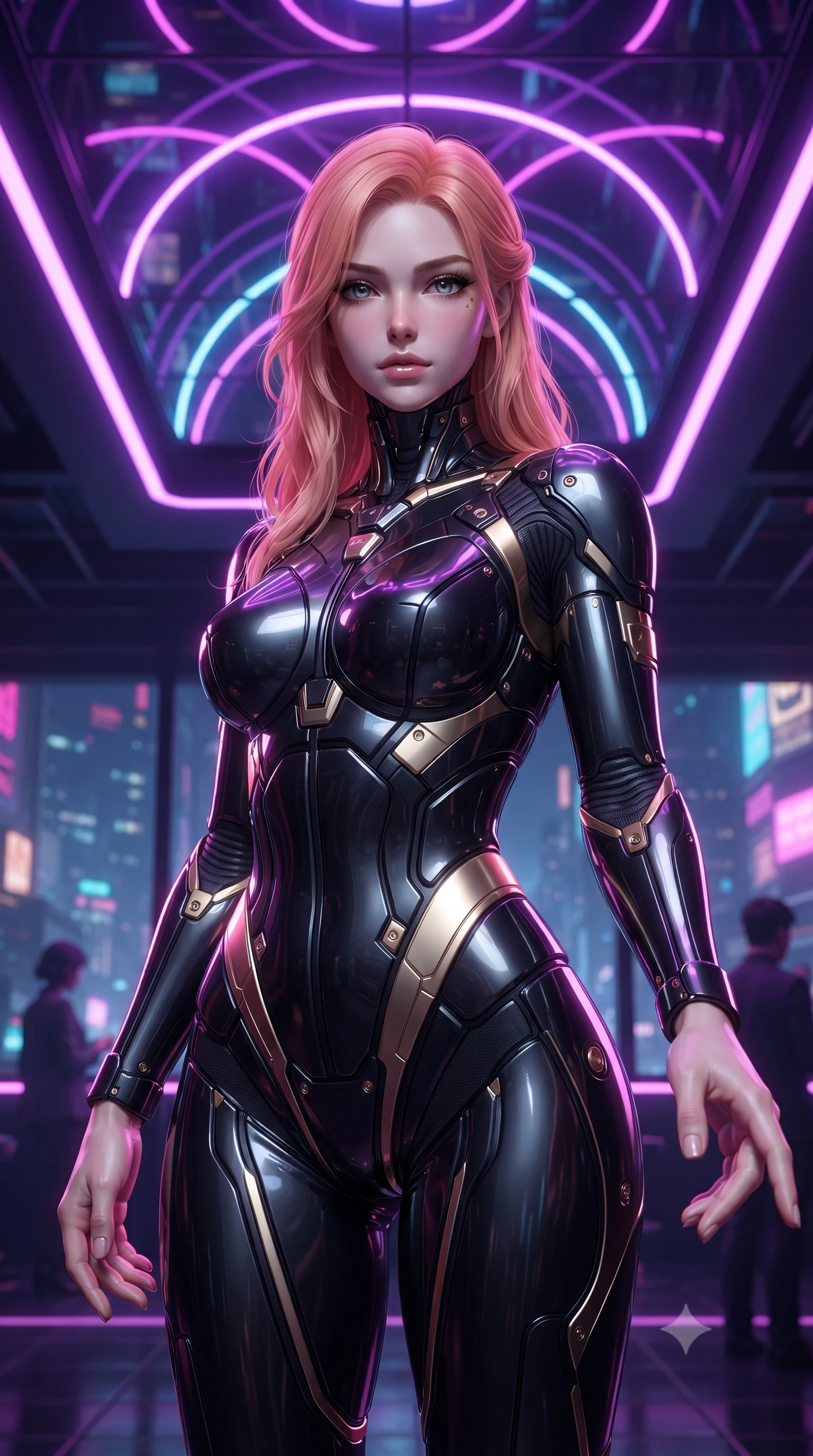 score_9, masterpiece, best quality, ultra-detailed, high-budget anime keyframe, editorial fashion photography, tasteful artistic composition, Japanese woman. close-up cowboy shot from the waist and thighs up, the character dominates the composition, filling the frame with her large presence, background elements kept in soft focus. Reaching one hand toward the viewer with relaxed sensual elegance, standing under a mirror ceiling reflecting glowing violet and magenta neon arcs, chic urban cyberpunk allure with intense visual presence. She has an exceptionally elegant, slender, and willowy female figure with an ultra-slim waist, a gracefully sculpted slender torso, and a refined silhouette. sharp v-shaped jawline, high-bridge nose, intricate jewel-like eyes with depth, thick eyelashes, glossy lips with a natural sheen. wearing second-skin matte carbon-fiber combat suit in onyx black in champagne gold, made of sculpted obsidian metallic chrome, adorned with minimalist black onyx hardware framing the silhouette, contouring every curve with an exceptionally elegant silhouette. illuminated by vibrant magenta and cyan neon rim light against pitch-black leather. ultra-reflective glossy finish, specular highlights, metallic sheen, high-contrast stereoscopic depth, volumetric dynamic lighting, 2k, ultra detail, master piece, 9:16 ratio