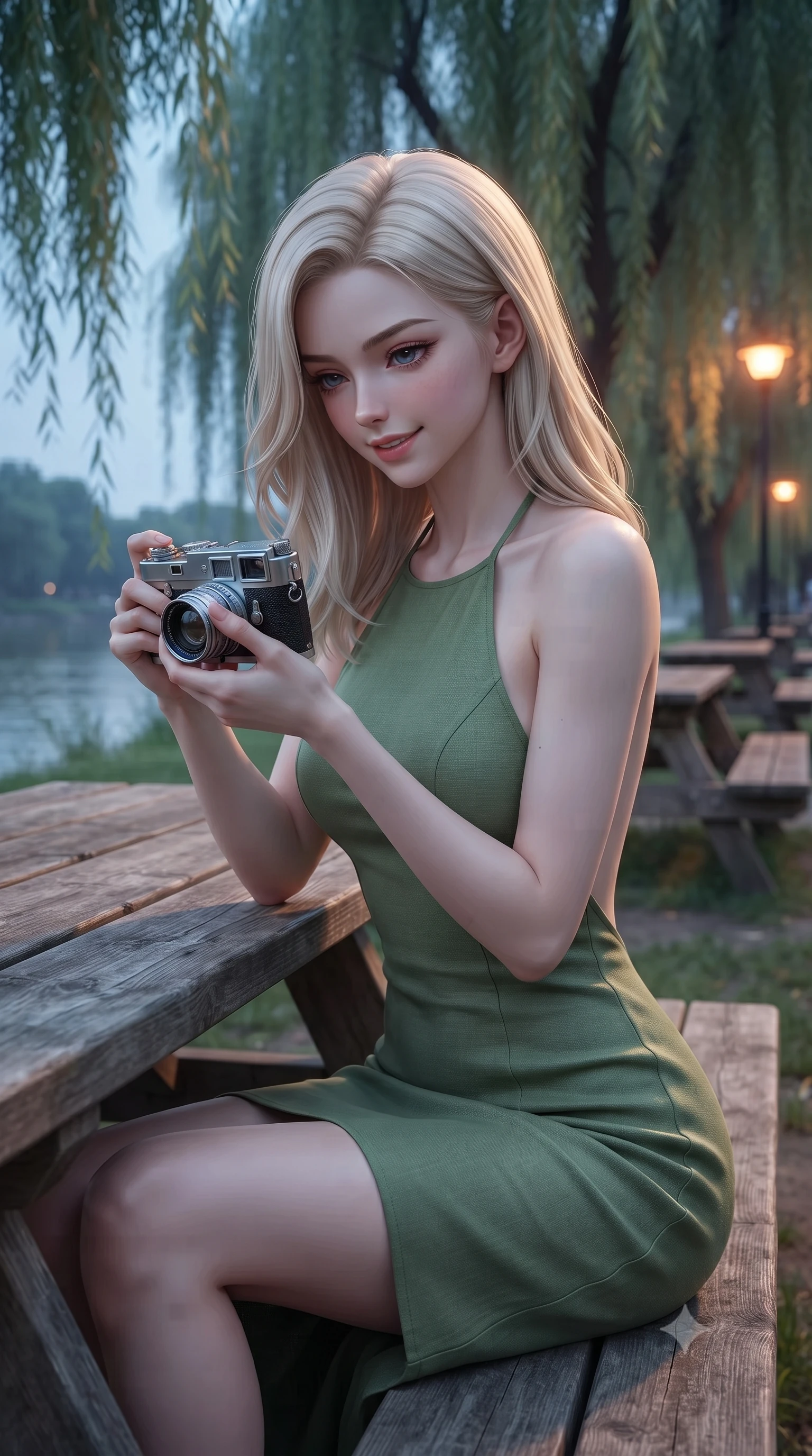 score_9, masterpiece, best quality, ultra-detailed, high-budget anime keyframe, editorial fashion photography, tasteful artistic composition, Caucasian woman. close-up cowboy shot from the waist and thighs up, the character dominates the composition, filling the frame with her large presence, background elements kept in soft focus. looking down at the camera beneath lowered lashes with a quiet, alluring confidence set against a soft-focus background of at a riverside picnic area with wooden tables under weeping willow trees with a vintage camera in her hand and a warm, cute grin. She has an exceptionally elegant, slender, and willowy female figure with an ultra-slim waist, a gracefully sculpted slender torso, and a refined silhouette. sharp v-shaped jawline, high-bridge nose, intricate jewel-like eyes with depth, thick eyelashes, glossy lips with a natural sheen. wearing form-contouring backless linen halter dress in sage green, showing her elegant shoulder lines. cool twilight sky glow contrasting with the warm orange light of streetlamps. ultra-reflective glossy finish, specular highlights, metallic sheen, high-contrast stereoscopic depth, volumetric dynamic lighting, 2k, ultra detail, master piece, 9:16 ratio
