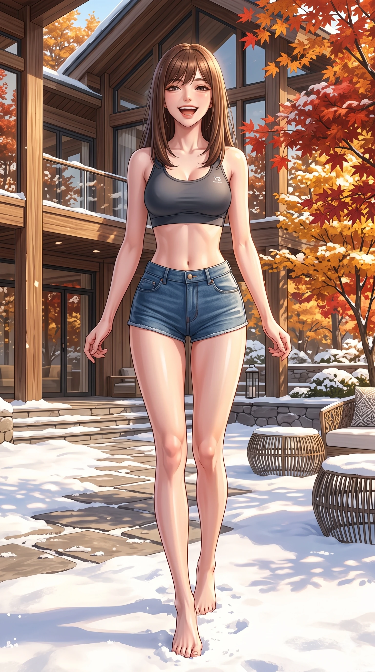 score_9, masterpiece, best quality, ultra-detailed, high-budget anime keyframe, vibrant anime aesthetic, Korean woman. low angle full-body shot from head to toe showing her feet, filling the entire 9:16 vertical frame with her statuesque presence, stretching her vertical silhouette. She is posing with a cheerful laugh, looking directly into the lens with warm eyes inside a luxury boutique resort patio with autumn maple trees (Code-P21-042). She has an absolutely perfect 8-heads proportion, an exceptionally tall and slender female figure with impossibly long slender legs and an ultra-slim waist. V-shaped jawline, high-bridge nose, intricate jewel-like eyes with depth, thick eyelashes, glossy lips with a natural sheen. wearing a sleek sports bra paired with high-waist denim micro-shorts in the snow. She is drenched in bright, golden winter sunshine reflecting off the white snow. 2k, ultra detail, master piece, 9:16 ratio