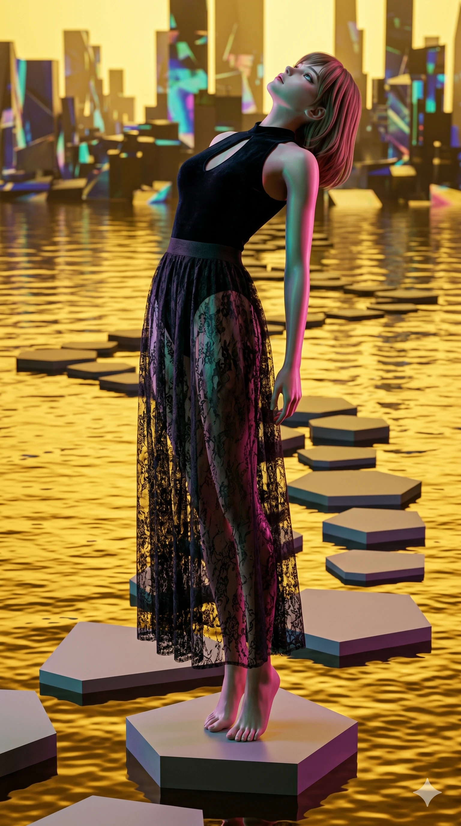score_9, masterpiece, best quality, ultra-detailed, high-budget anime keyframe, editorial fashion photography, tasteful artistic composition, Caucasian woman, strictly human ears. low angle full-body shot from head to toe showing her feet, filling the entire 9:16 vertical frame with her statuesque presence, stretching her vertical silhouette. Arching her back in a graceful controlled backward pose on a pathway of geometric stepping stones floating across a lake of liquid gold. She has an absolutely perfect 8-heads proportion, an exceptionally tall and slender female figure with impossibly long slender legs and an ultra-slim waist. V-shaped jawline, high-bridge nose, intricate jewel-like eyes with depth, thick eyelashes, glossy lips with a natural sheen. wearing a black velvet bodysuit with a keyhole neck, worn under a sheer lace maxi skirt with a solid mini-skirt lining. lit by high-contrast holographic projection lighting with vivid colored shadows that define her form. 2k, ultra detail, master piece, 9:16 ratio