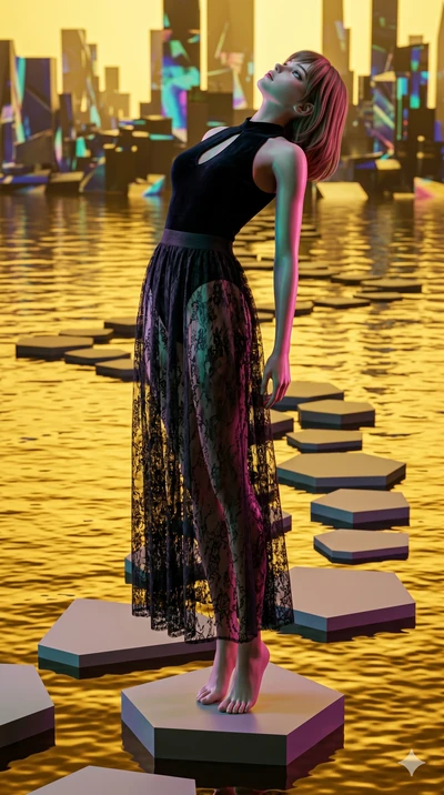 score_9, masterpiece, best quality, ultra-detailed, high-budget anime keyframe, editorial fashion photography, tasteful artistic composition, Caucasian woman, strictly human ears. low angle full-body shot from head to toe showing her feet, filling th