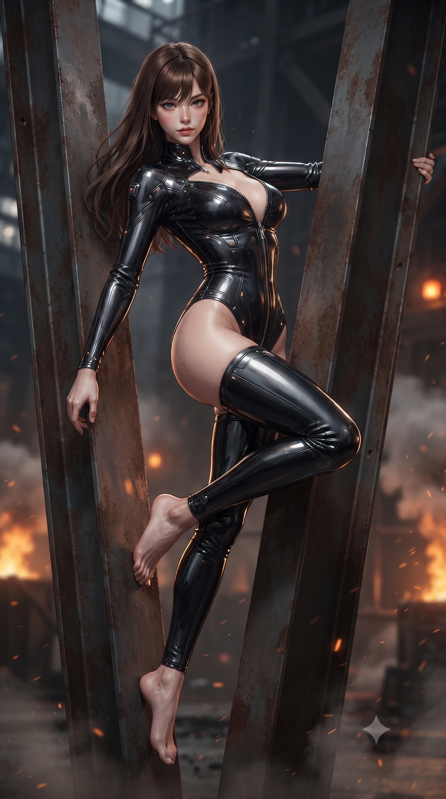 score_9, masterpiece, best quality, ultra-detailed, high-budget anime keyframe, editorial fashion photography, tasteful artistic composition, Korean woman. low angle full-body shot from head to toe showing her feet, filling the entire 9:16 vertical frame with her statuesque presence, stretching her vertical silhouette. performing an alluring mid-air vault with flawless poise, looking directly into the camera with smoldering, predatory intensity while leaning against a massive steel support beam with a smoldering, predatory gaze amidst drifting iron dust. The composition keeps background elements in soft focus with creamy bokeh. pulsing orange hazard beacons and drifting industrial steam plumes blurred into fiery amber and charcoal bokeh. She has an absolutely perfect, statuesque 8.5-heads proportion, an exceptionally tall and slender model-like female figure with impossibly long slender legs, a toned flat midriff, and an ultra-slim waist. sharp v-shaped jawline, high-bridge nose, intricate jewel-like eyes with depth, thick eyelashes, glossy lips with a natural sheen, flawlessly proportioned anatomical accuracy, strict slender model proportions, natural body alignment, perfectly sculpted long slender limbs, ultra-slim waistline, clean dynamic posture without body distortion. wearing a glossy black second-skin latex bodysuit with high-thigh cuts, exposed clavicle neckline, and gleaming dark zipper details in dark obsidian black with polished gunmetal accents, tailored from semi-translucent dark cybernetic vinyl with subtle glowing micro-filaments, featuring a dangerously unzipped neckline framed by subtle glowing cybernetic accents, the sleek second-skin cut tightly hugging her graceful clavicle, narrow waist, and feminine curves with athletic precision. surrounded by a gritty, rebellious, and fiercely provocative cyber-underworld queen aura. ultra-reflective glossy finish, specular highlights, dark metallic sheen, deep chiaroscuro contrast, volumetric dynamic shadow lighting, 2k, ultra detail, master piece, 9:16 ratio