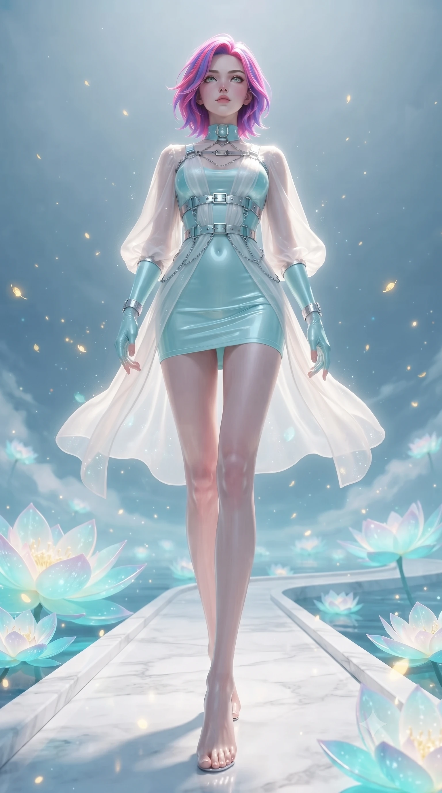 score_9, masterpiece, best quality, ultra-detailed, high-budget anime keyframe, editorial fashion photography, tasteful artistic composition, Caucasian woman. low angle full-body shot from head to toe showing her feet, filling the entire 9:16 vertical frame with her statuesque presence, stretching her vertical silhouette. navigating the celestial sanctuary with an effortless, graceful stride, walking across a floating white marble bridge surrounded by bioluminescent lotus petals, glowing pollen dust drifting gently through the serene atmosphere. She has an absolutely perfect, statuesque 8.5-heads proportion, an exceptionally tall and slender model-like female figure with impossibly long slender legs and an ultra-slim waist. sharp v-shaped jawline, high-bridge nose, intricate jewel-like eyes with depth, thick eyelashes, glossy lips with a natural sheen. wearing glove-like fit pale turquoise latex bodycon mini dress in pearl white, made of sheer opal chiffon overlay, framed by polished silver buckles and delicate chain details, following her slender form with tailored precision. surrounded by a gentle glowing aura of crystal lotus light. ultra-reflective glossy finish, specular highlights, metallic sheen, high-contrast stereoscopic depth, volumetric dynamic lighting, 2k, ultra detail, master piece, 9:16 ratio