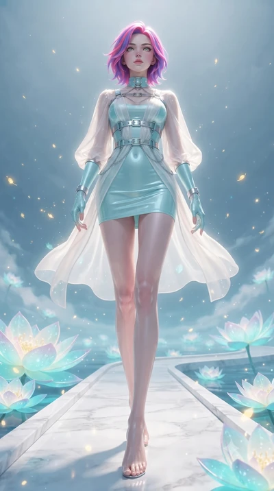 score_9, masterpiece, best quality, ultra-detailed, high-budget anime keyframe, editorial fashion photography, tasteful artistic composition, Caucasian woman. low angle full-body shot from head to toe showing her feet, filling the entire 9:16 vertica