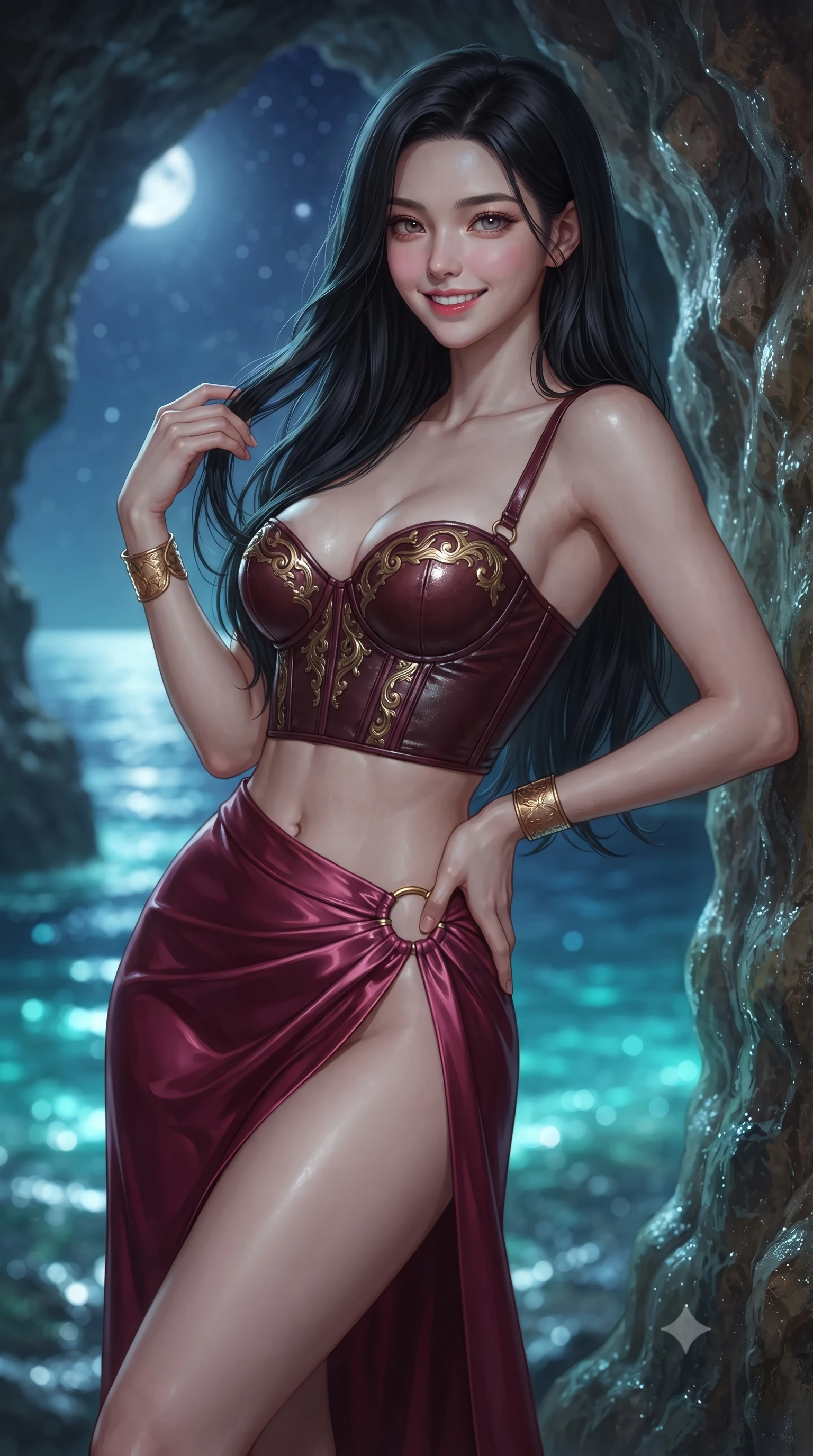 score_9, masterpiece, best quality, ultra-detailed, high-budget anime keyframe, editorial fashion photography, tasteful artistic composition, Korean woman. close-up cowboy shot from the waist and thighs up, the character dominates the composition, filling the frame with her large presence. twisting her slender torso in an alluring contrapposto stance, one hand resting on her sculpted hip while her fingers toy with her hair with effortless poise while leaning against the moist cavern wall with hips cocked back, looking toward the open moonlit sea with hypnotic bedroom-eyes. The background shows a soft-focus open moonlit Mediterranean sea framed by rugged cavern arch, starry night sky, and bioluminescent tide glows blurred into deep indigo, turquoise, and silver bokeh. She has an exceptionally elegant, slender, and willowy female figure with an ultra-slim waist, flat toned midriff, narrow ribcage, and sculpted feminine hips creating an alluring, slim hourglass silhouette without bulk. sharp v-shaped jawline, high-bridge nose, intricate jewel-like sparkling eyes with depth, thick eyelashes, glossy parted lips with a natural peach sheen, bright cheerful beaming smile with an enchanting and coquettish sensual glint, exuding both youthful cute charm and seductive allure, flawlessly proportioned anatomical accuracy, strict slender model proportions, natural body alignment, perfectly sculpted long slender limbs, ultra-slim waistline, clean dynamic posture without body distortion. wearing a sculpted leatherette underwire bustier paired with a high-slit silk satin wrap skirt with gold ring hardware in Italian baroque bordeaux wine and antique gilded gold, made of fluid liquid jersey with seamless sculpting hold and smooth contours, accented with delicate golden wrist cuffs reflecting warm chandelier light, the form-contouring silhouette accentuating her sculpted flat midriff, narrow delicate ribcage, and gracefully curvy hips with intoxicating allure. bathed in ethereal bioluminescent cyan-teal glow radiating from the sea water mixed with cool silver moonlight. ultra-reflective glossy finish, specular highlights, rich textural contrasts, high-contrast stereoscopic depth, volumetric dynamic lighting, 2k, ultra detail, master piece, 9:16 ratio