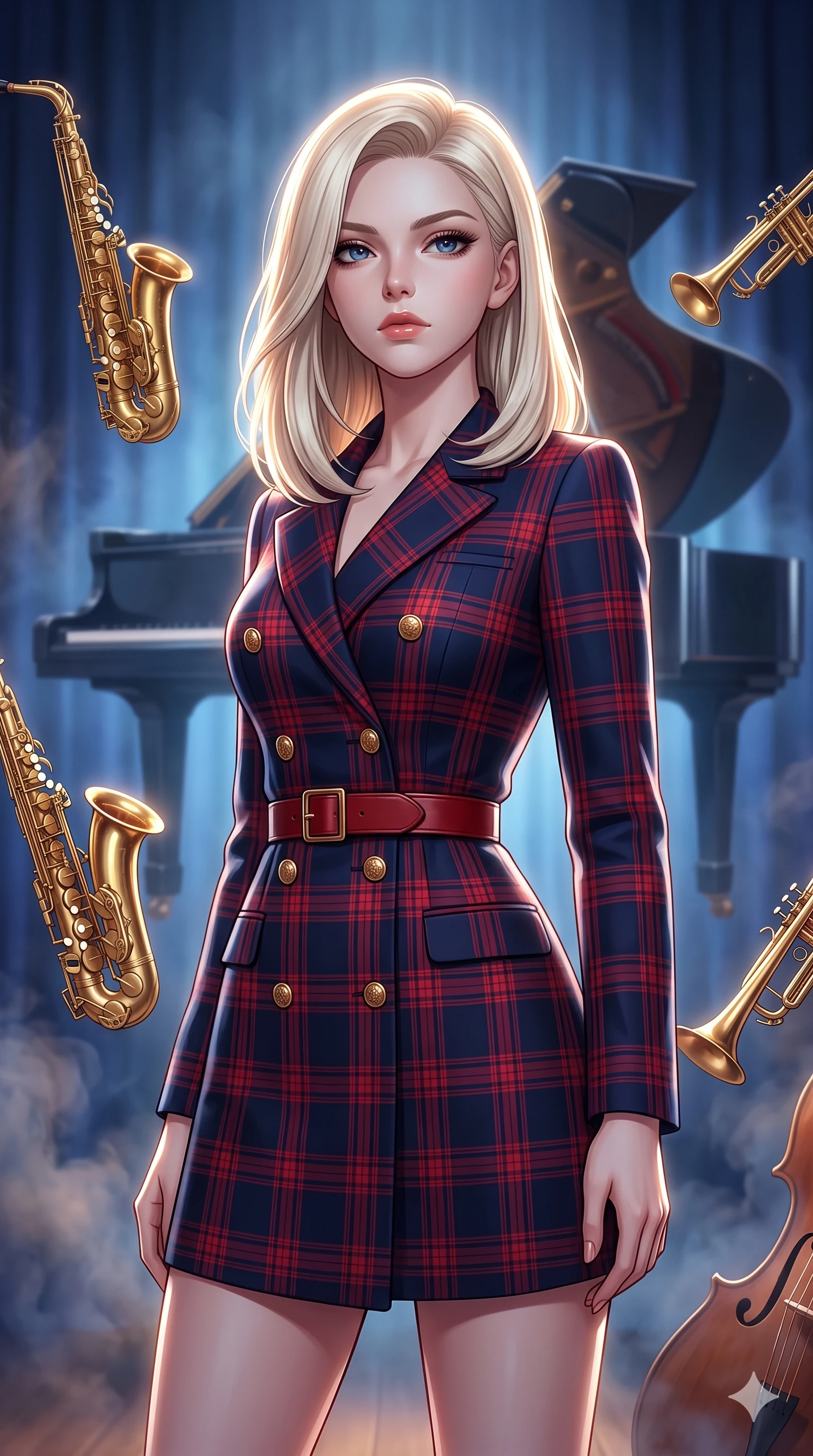 score_9, masterpiece, best quality, ultra-detailed, high-budget anime keyframe, editorial fashion photography, tasteful artistic composition, Caucasian woman, strictly human ears. close-up cowboy shot from the waist and thighs up, the character dominates the composition, filling the frame with her large presence, background elements kept in soft focus. Gazing past the camera with an air of effortless superiority. set against a soft-focus background of commanding the spotlight on a velvet-curtained jazz club stage surrounded by floating brass saxophones and trumpets that gleam in the smoky blue atmosphere with a grand piano hovering behind her. She has an exceptionally elegant and slender, willowy female figure with an ultra-slim waist, a gracefully sculpted slender torso, and a refined slim physique. sharp v-shaped jawline, high-bridge nose, intricate jewel-like eyes with depth, thick eyelashes, glossy lips with a natural sheen. wearing a double-breasted coat dress in a striking navy and crimson plaid pattern, detailed with gold buttons and a red leather waist belt. dramatic backlight creating a radiant halo effect around her entire silhouette. 2k, ultra detail, master piece, 9:16 ratio