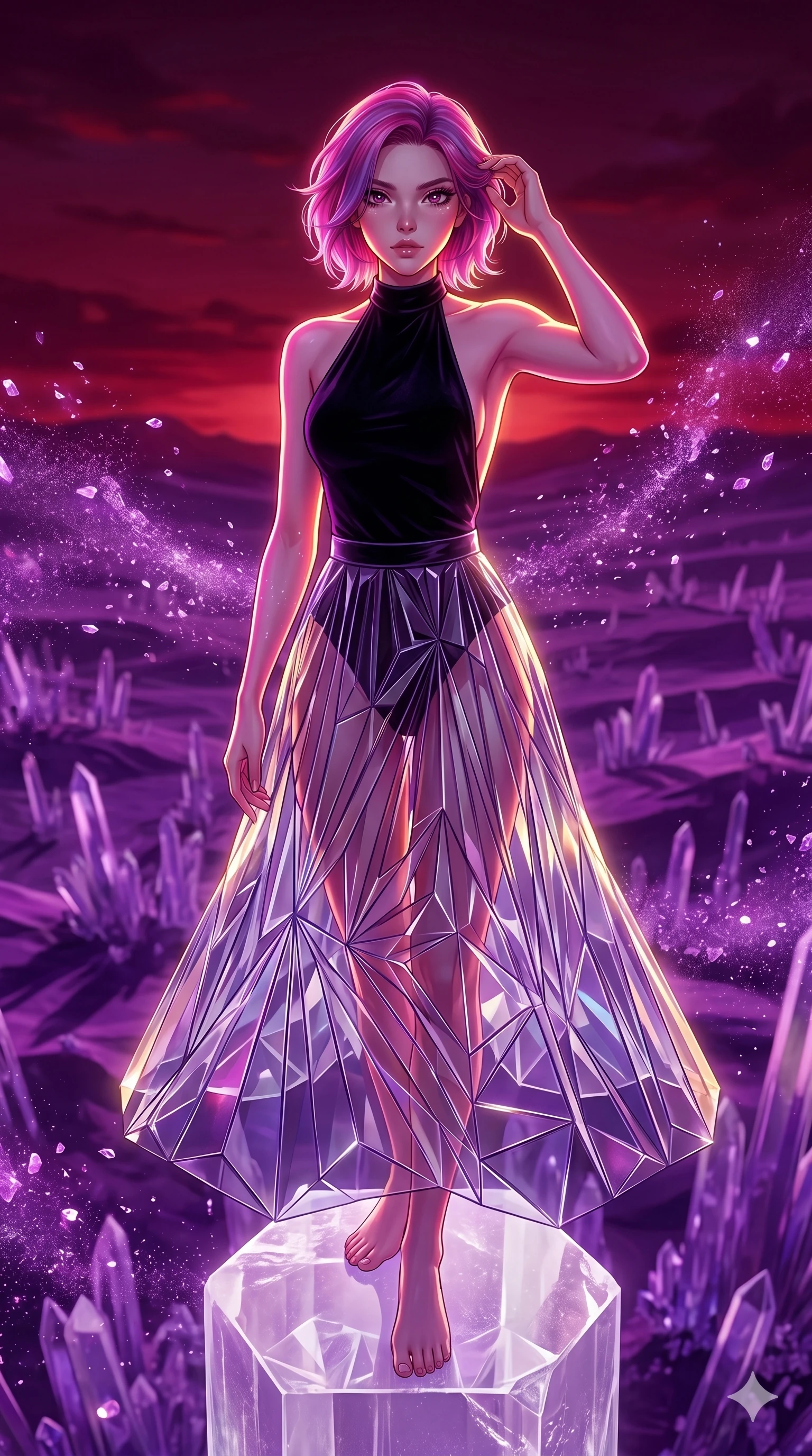 score_9, masterpiece, best quality, ultra-detailed, high-budget anime keyframe, Japanese woman. upper body close-up from the thighs up, character filling the screen for maximum presence. standing atop a transparent salt crystal tower in a purple crystalline desert as winds blow shimmering purple dust under a crimson sunset. She has an absolutely perfect 8-heads proportion, an exceptionally tall and slender female figure with impossibly long slender legs and an ultra-slim waist. V-shaped jawline, high-bridge nose, intricate jewel-like eyes with depth, thick eyelashes, glossy lips with a natural sheen.. wearing a fractal glass pleated skirt and a backless black velvet halter neck top, creating a dramatic and elegant silhouette. bathed in brilliant cinematic volumetric lighting and intense neon rim light highlighting her slender form. 2k, ultra detail, master piece, 9:16 ratio