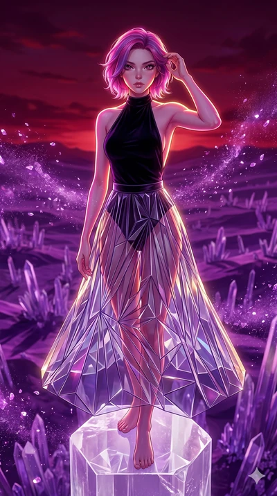 score_9, masterpiece, best quality, ultra-detailed, high-budget anime keyframe, Japanese woman. upper body close-up from the thighs up, character filling the screen for maximum presence. standing atop a transparent salt crystal tower in a purple crys