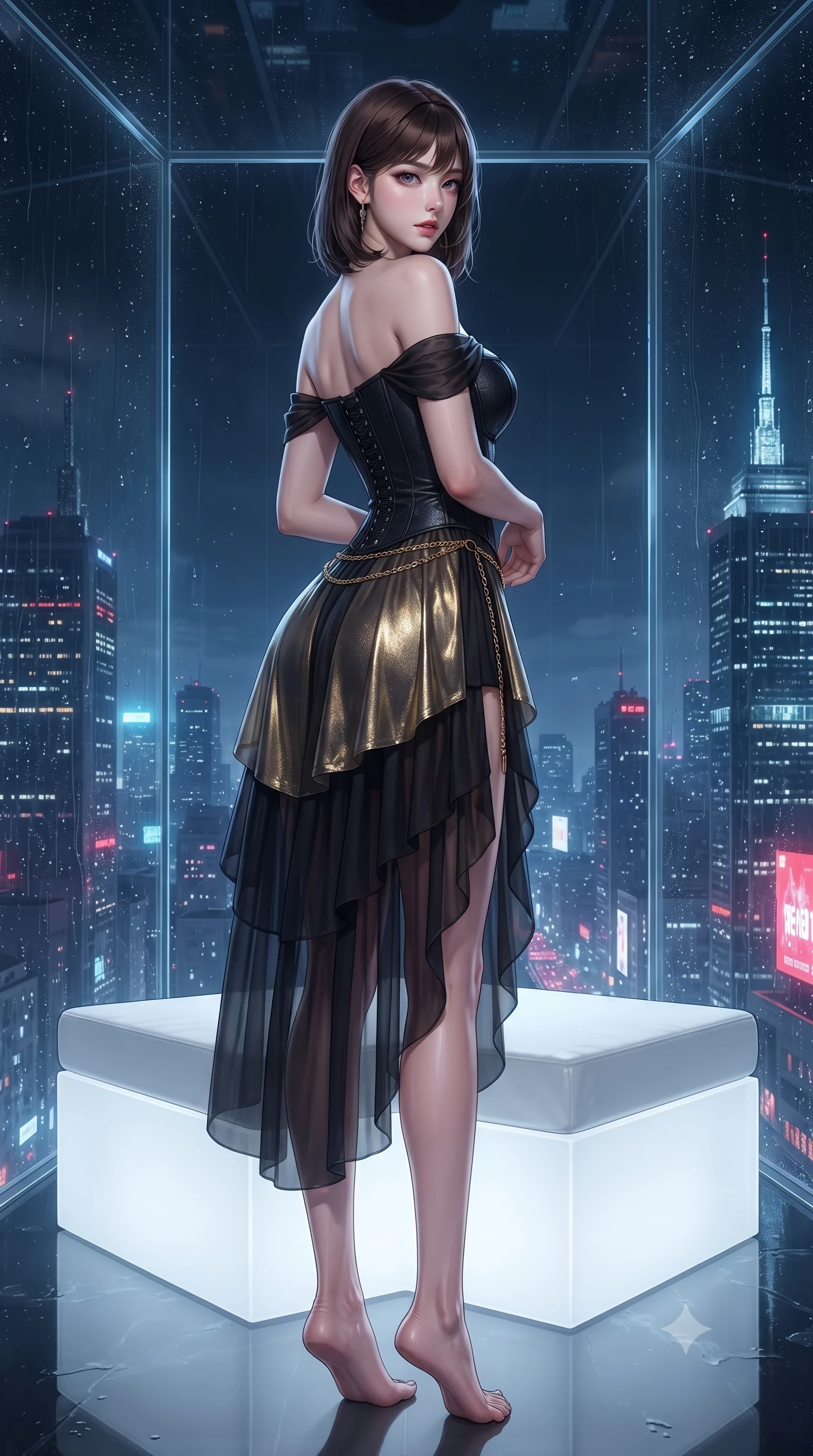 score_9, masterpiece, best quality, ultra-detailed, high-budget anime keyframe, editorial fashion photography, tasteful artistic composition, Korean woman. low angle full-body shot from head to toe showing her feet, filling the entire 9:16 vertical frame with her statuesque presence, stretching her vertical silhouette. posing with back turned slightly to the lens, glancing back with smoldering allure as she arches her lower back to emphasize her sculpted feminine hips and slender waist while reclining on a minimalist white acrylic cube daybed within the transparent skybox, arching her lower back to display her curvy hips against the neon abyss. The surrounding environment is rendered in vivid detail and crisp panoramic clarity. sharp glasscube seam joints, rain droplet tracks on glass, and high-altitude skyscraper spire clarity in deep focus. She has an exceptionally tall and slender model-like 8.5-heads proportion, an ultra-slim waist, a flat toned midriff, narrow delicate ribcage, and beautifully sculpted feminine hips creating a graceful, slim hourglass silhouette without any bulky heaviness, with impossibly long slender legs. sharp v-shaped jawline, high-bridge nose, intricate jewel-like eyes with depth, thick eyelashes, glossy parted lips with a natural sheen, intensely captivating and seductive bedroom-eyes expression, flawlessly proportioned anatomical accuracy, strict slender model proportions, natural body alignment, perfectly sculpted long slender limbs, ultra-slim waistline, clean dynamic posture without body distortion. wearing an off-shoulder French court corset bodice dress paired with a tiered translucent chiffon slit skirt in midnight obsidian black and liquid gold, crafted from luxurious metallic lamé that shifts radiance with every step, accented with a delicate gold chain belt resting loosely on her curvy hips, the form-contouring material adhering flawlessly to her sculpted flat midriff and slender torso, emphasizing her long leg lines and perfectly proportioned willowy build. illuminated by wet specular glass bounce lights sculpting her razor-sharp jawline, narrow waist, and curvy hips. ultra-reflective glossy finish, specular highlights, rich textural contrasts, high-contrast stereoscopic depth, volumetric dynamic lighting, 2k, ultra detail, master piece, 9:16 ratio