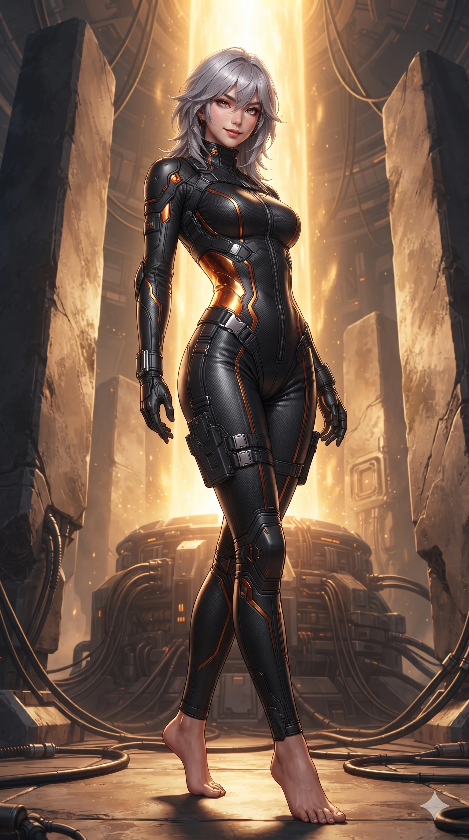score_9, masterpiece, best quality, ultra-detailed, high-budget anime keyframe, editorial fashion photography, tasteful artistic composition, Japanese woman. low angle full-body shot from head to toe showing her feet, filling the entire 9:16 vertical frame with her statuesque presence, stretching her vertical silhouette. standing poised between colossal monoliths rising from alien ground, arching her back with sovereign ancient-future grace while twisting her slender torso in an alluring S-curve between high-pressure conduits, radiant core illumination tracing her flat midriff and hourglass curves. The surrounding environment is rendered in vivid detail and crisp panoramic clarity: intricate ballistic microfiber weave, metallic armor clasps, and high-tech reactor machinery in razor-sharp clarity. She has an absolutely perfect, statuesque 8.5-heads proportion, an exceptionally tall and slender model-like female figure with impossibly long slender legs, an ultra-slim waist, a flat toned midriff, narrow delicate ribcage, and beautifully sculpted feminine hips creating a graceful, slim hourglass silhouette without any bulky heaviness. sharp v-shaped jawline, high-bridge nose, intricate jewel-like sparkling eyes with depth, thick eyelashes, glossy parted lips with a natural sheen, bright confident smile with an enchanting and coquettish sensual glint, exuding both youthful magnetic charm and sovereign high-tech allure, flawlessly proportioned anatomical accuracy, strict slender model proportions, natural body alignment, perfectly sculpted long slender limbs, ultra-slim waistline, clean dynamic posture without body distortion. wearing a high-neck tactical reconnaissance jumpsuit with reinforced knee and elbow articulation guards in fiery geothermal copper and molten amber glow, crafted from lightweight aerodynamic matte carbon-fiber weave with structural stiffness, finished with polished chrome buckle hardware and modular magnetic holster clasps, the bespoke structured tailoring following the natural line of her 8.5-heads silhouette with refined elegance. bathed in the blinding warm golden radiance of the magnetic fusion core with dynamic volumetric heat shimmers. ultra-reflective glossy finish, specular highlights, rich textural contrasts, high-contrast stereoscopic depth, volumetric dynamic lighting, 2k, ultra detail, master piece, 9:16 ratio